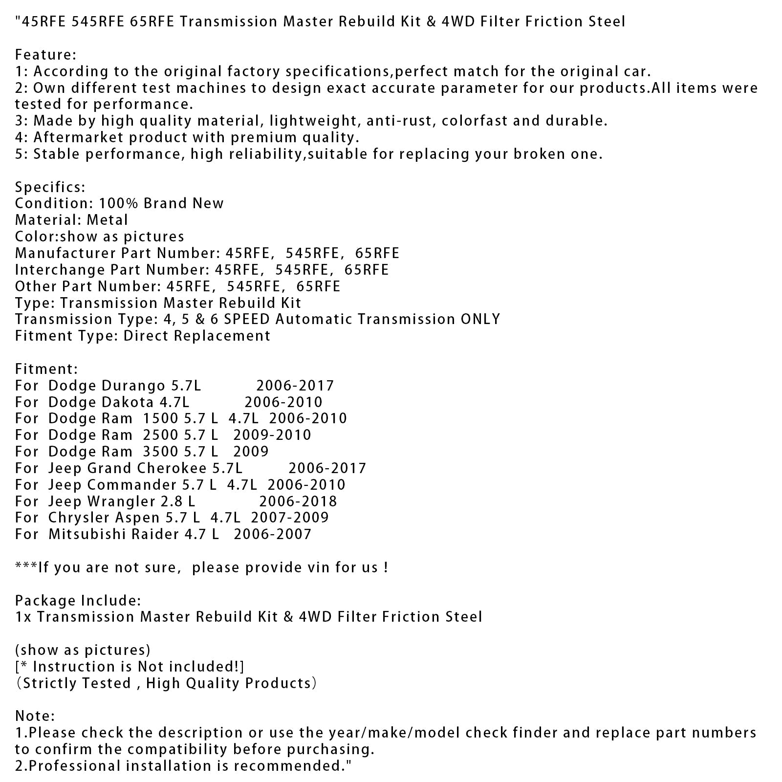 Komplet za obnovo menjalnika in jekleni filter trenja 4x4 za Mitsubishi Raider 4.7L (2006-2007) : 45RFE, 545RFE, 65RFE
