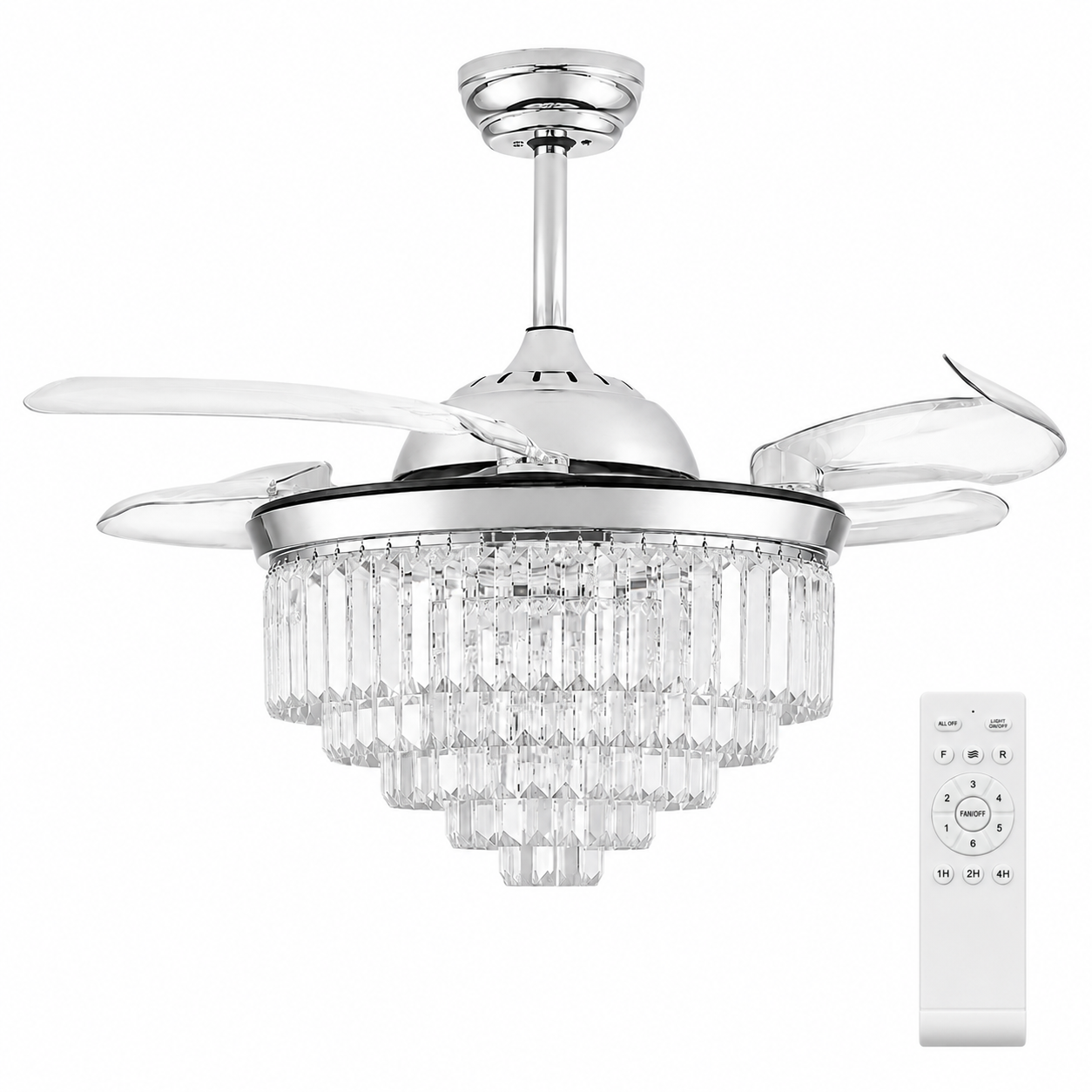 Ventilateur de plafond en cristal de 106 cm avec éclairage pales rétractables couleur argent 6 vitesses