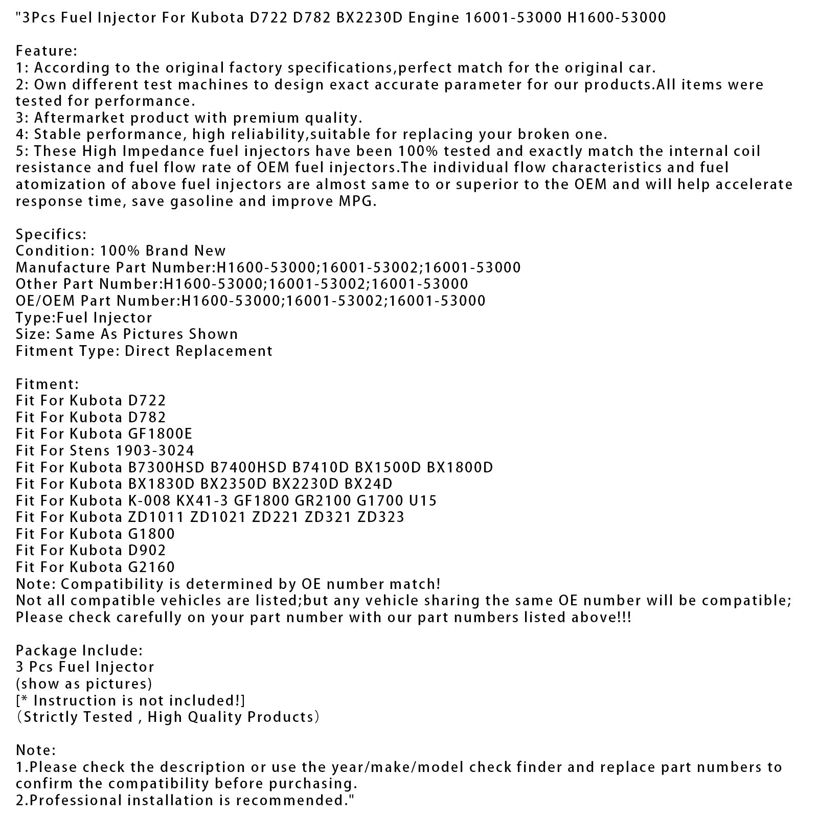 3 iniettori di carburante per motore Kubota D722 D782 BX2230D 16001-53000 H1600-53000