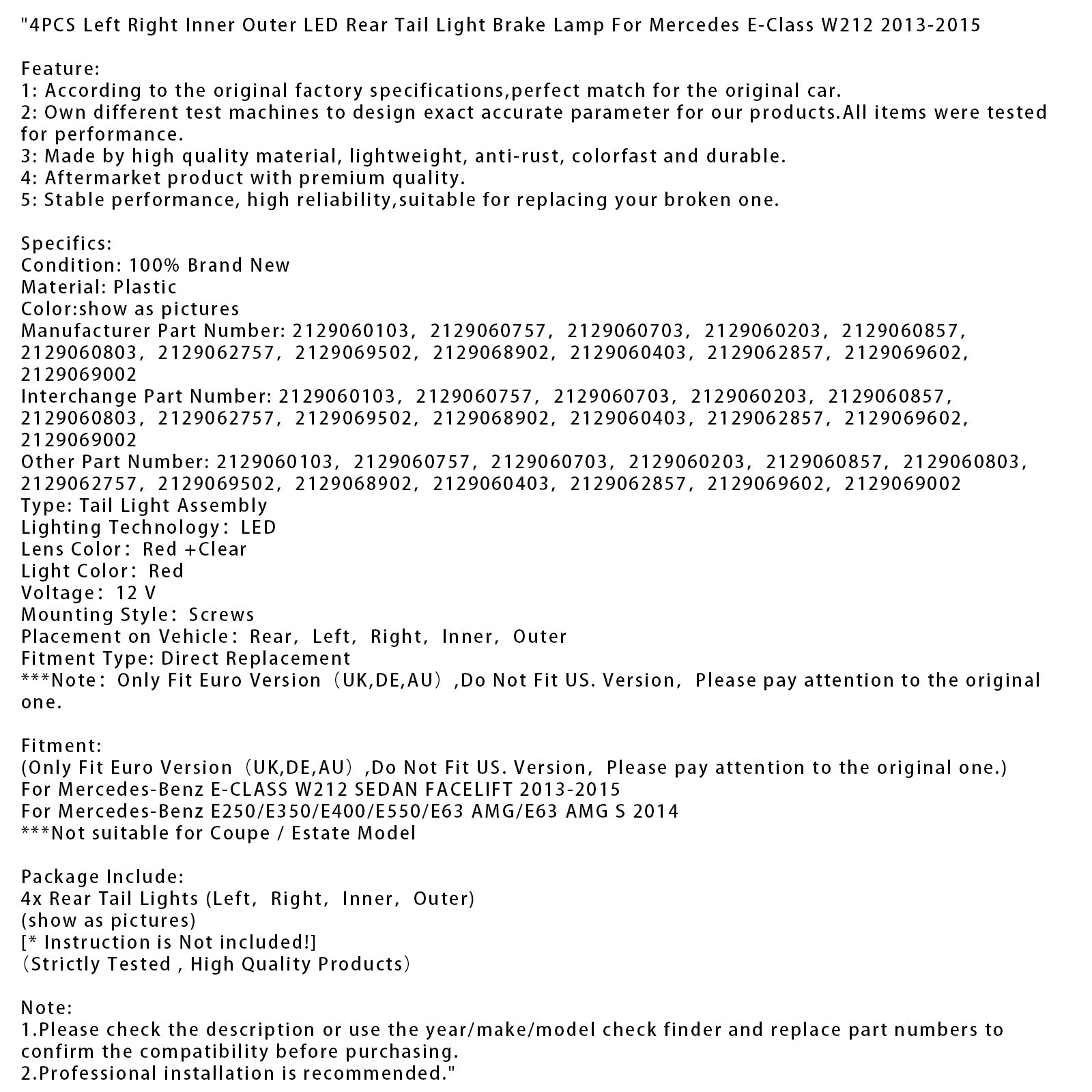 Lampy tylne LED (4 sztuki) do Mercedes-Benz E250/E350/E400/E550/E63 AMG/E63 AMG S (2014)