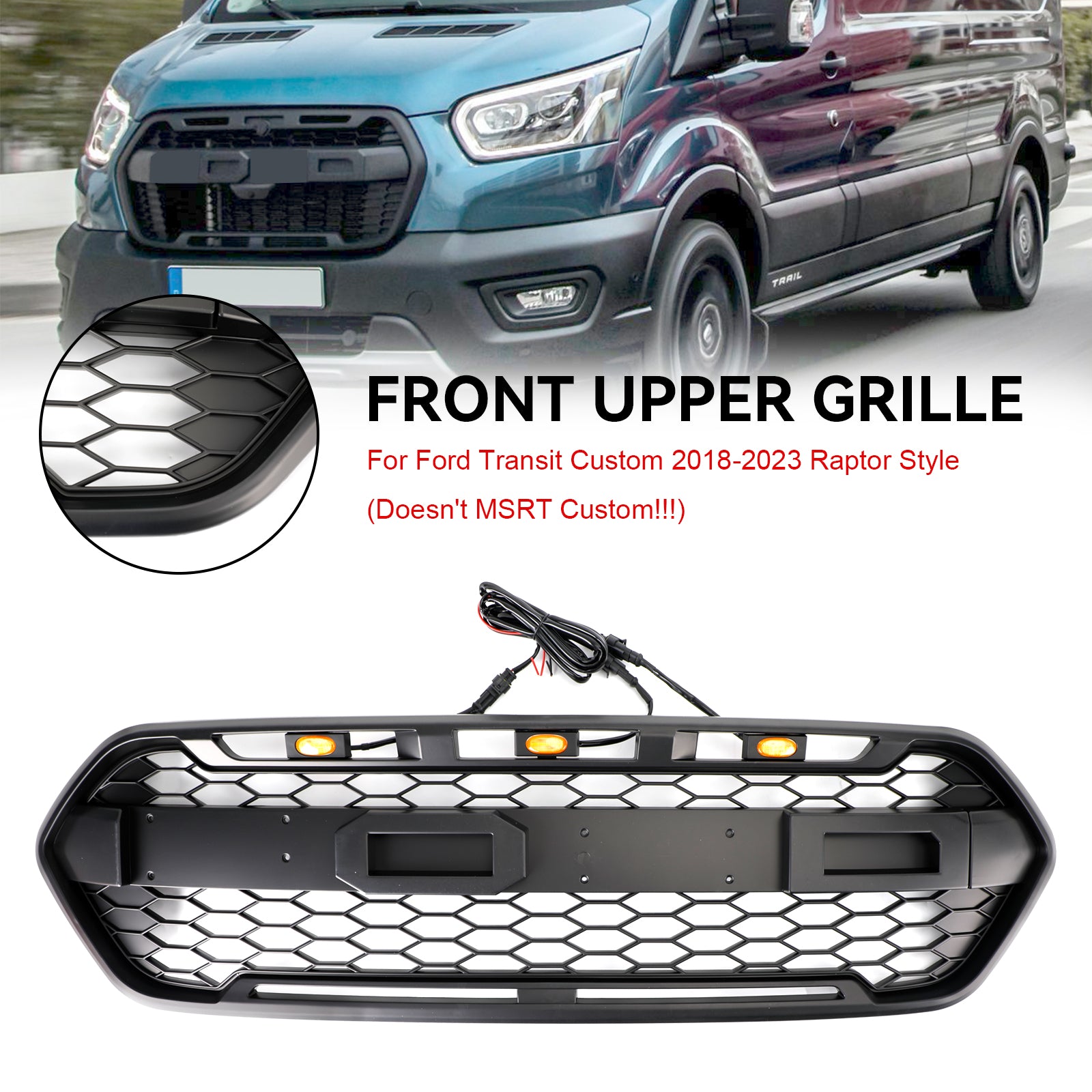 Matte Black Front Bumper Grille pour Ford Transit Custom Trail 2018-2023 W/ 3LED