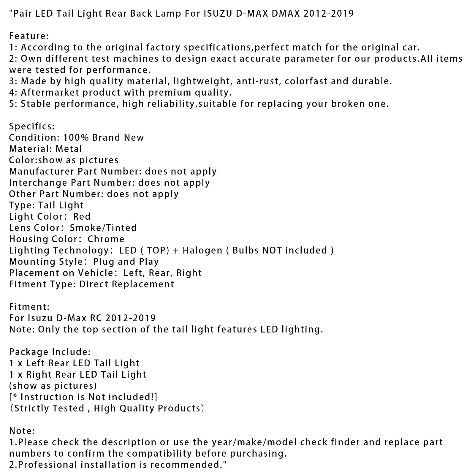 Coppia luci posteriori a LED per ISUZU D-MAX DMAX 2012-2019