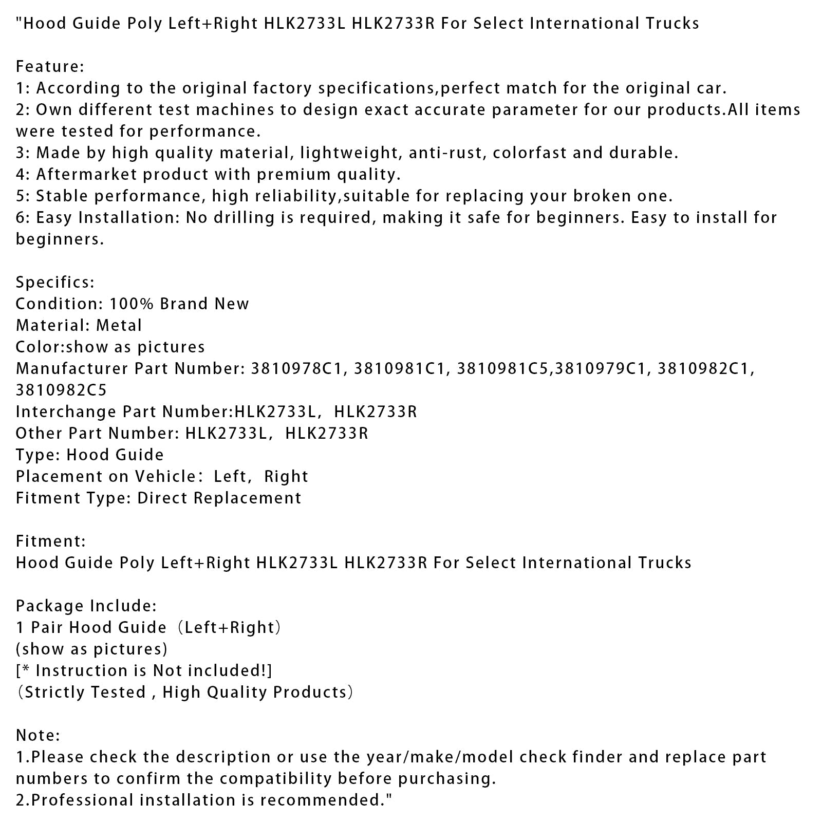 Linker en rechter polyethyleen motorkapgeleider HLK2733L HLK2733R voor geselecteerde internationale vrachtwagens