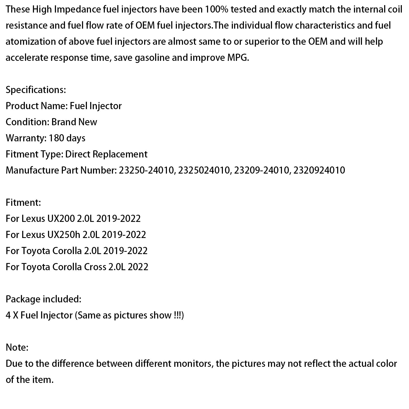 4-częściowy wtryskiwacz paliwa 23250-24010 dla Lexus UX200 UX250H i Corolla 2019-2022