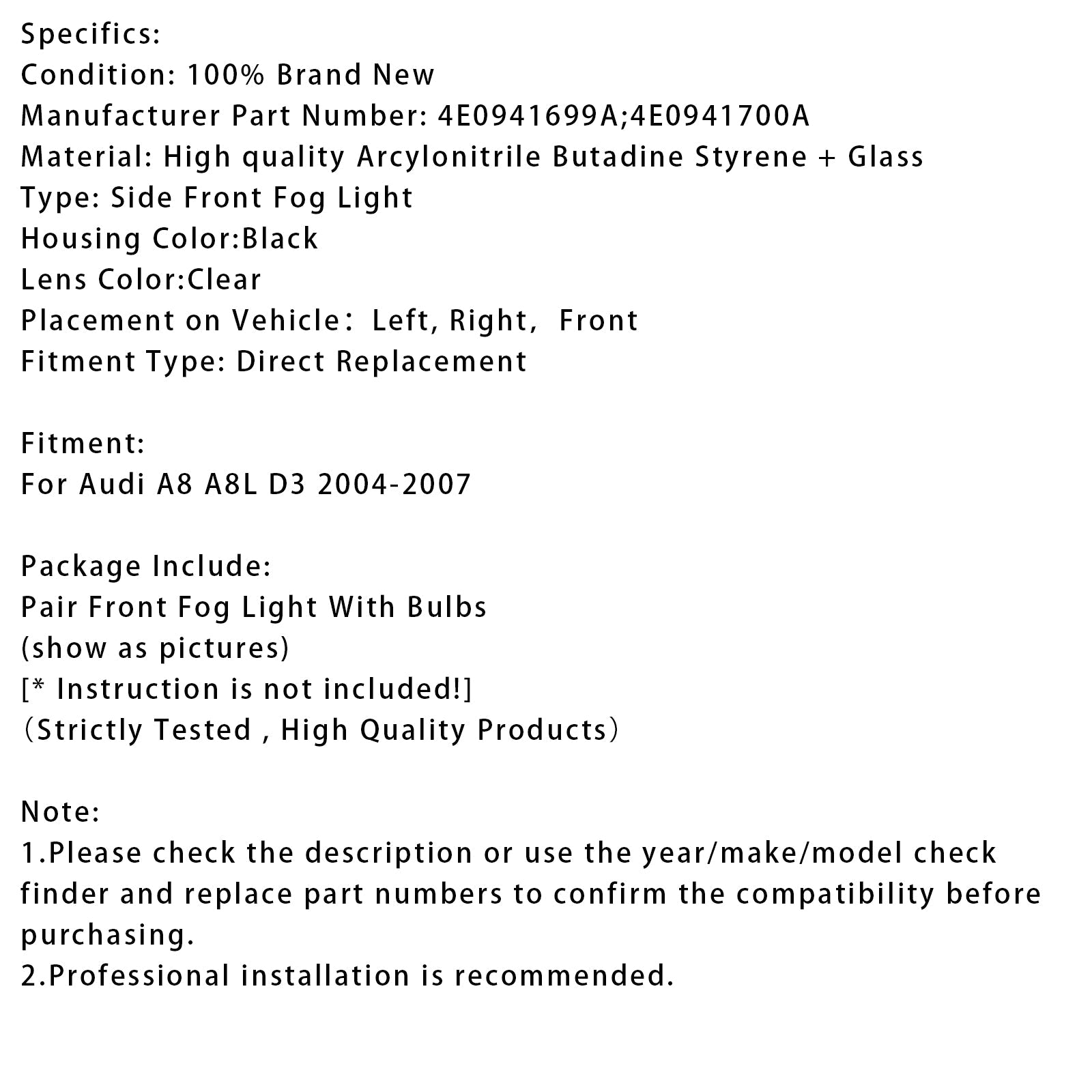 Paire de feux antibrouillard latéraux pour pare-chocs avant Audi A8 D3 2004-2007 4E0941700A