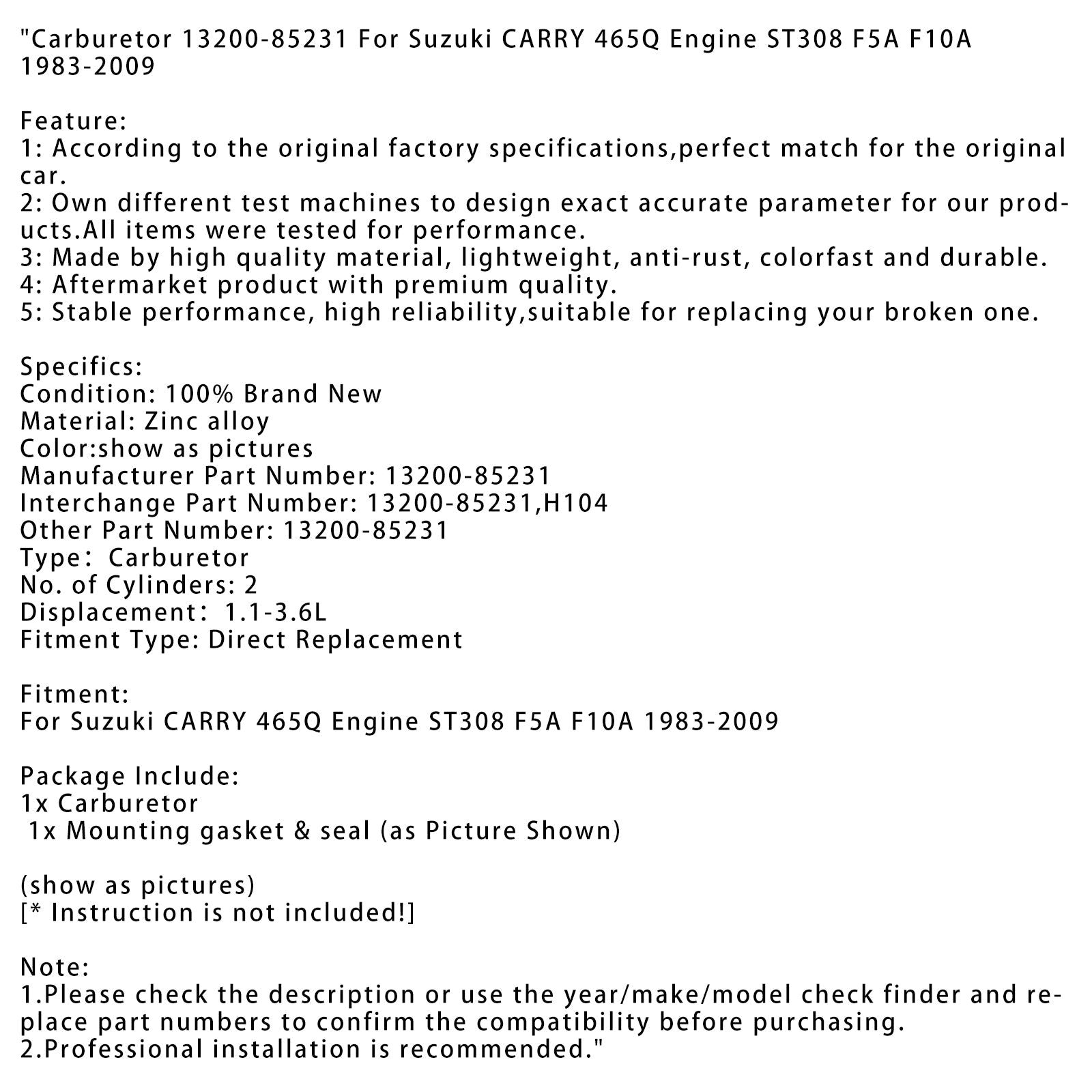 1983-2009 Suzuki CARRY 465Q motor ST308 F5A F10A carburateur 13200-85231