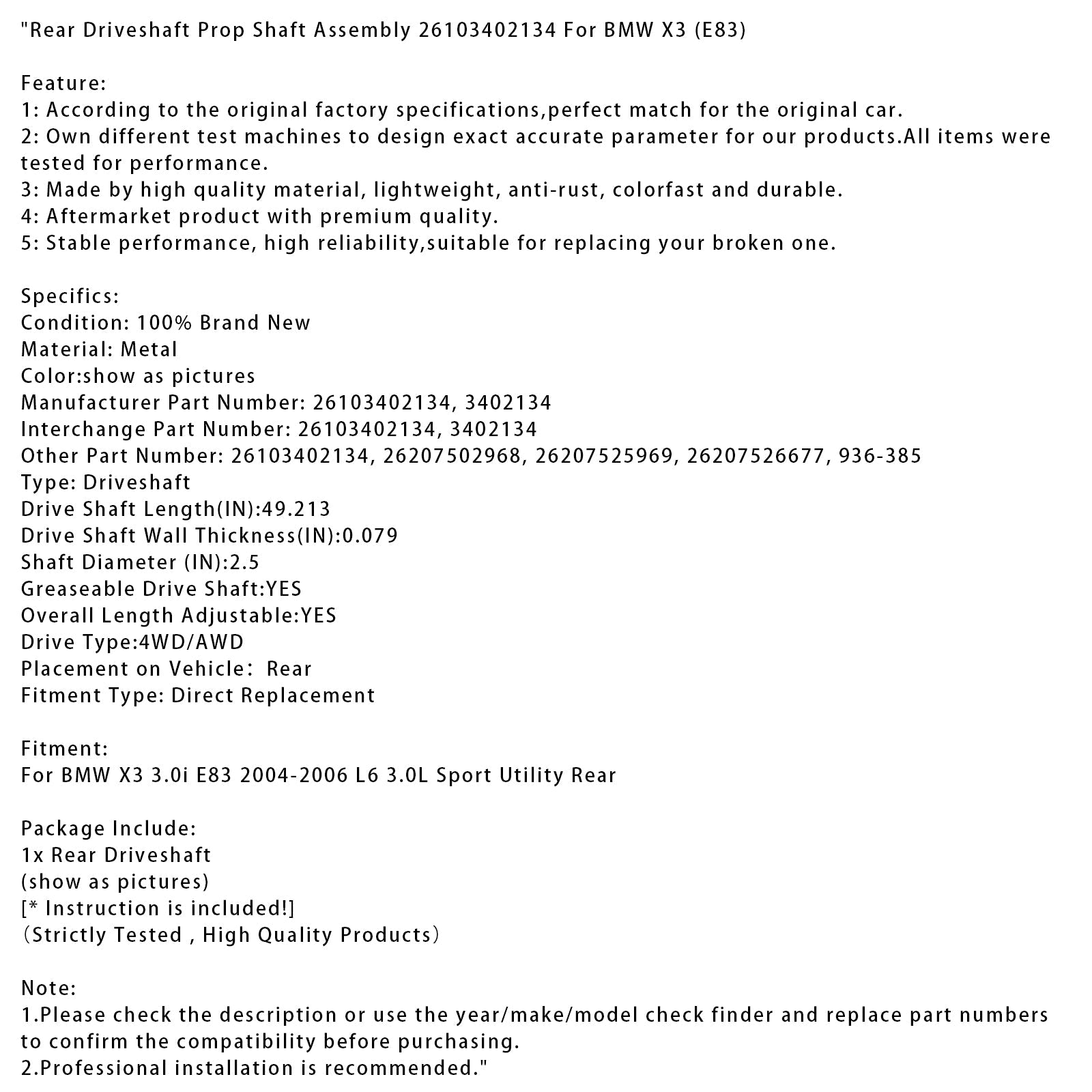 Albero di trasmissione posteriore 26103402134 per BMW X3 3.0i (E83) L6 3.0L Sport Utility 2004-2006