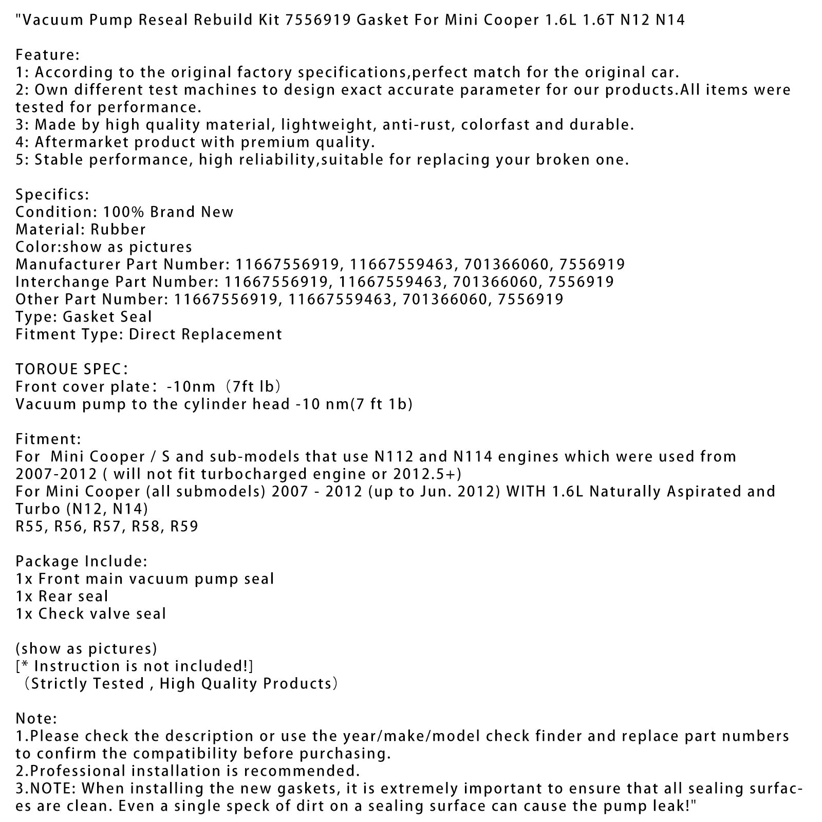 Komplet za obnovo 7556919 Vakuumska črpalka za Mini Cooper 1,6L 1,6t N14 N14