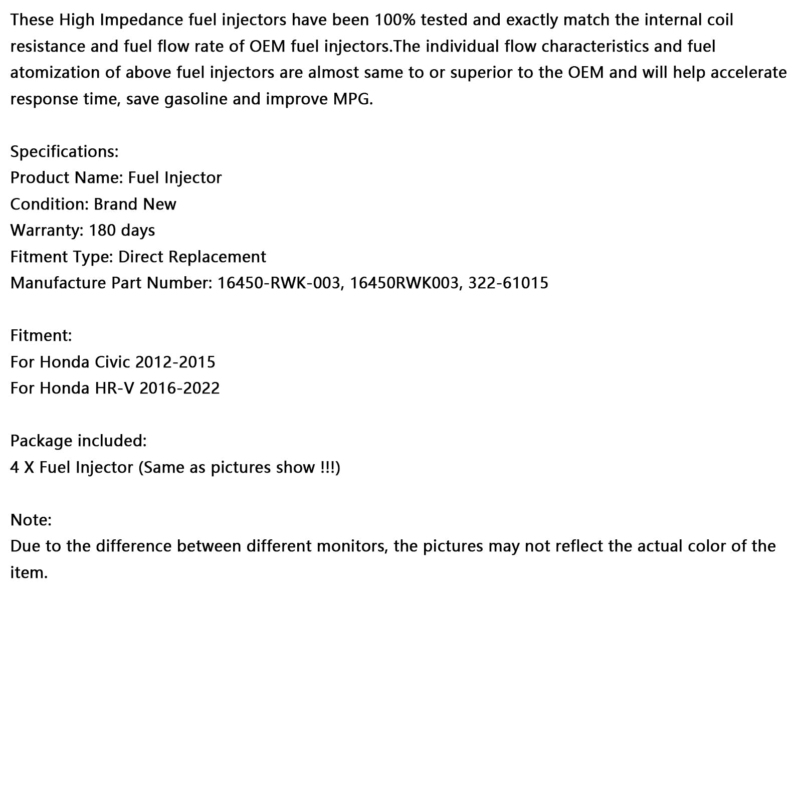 Inyector de combustible de 4 piezas 16450-RWK-003 para Honda HR-V 2016-2022 para Honda Civic