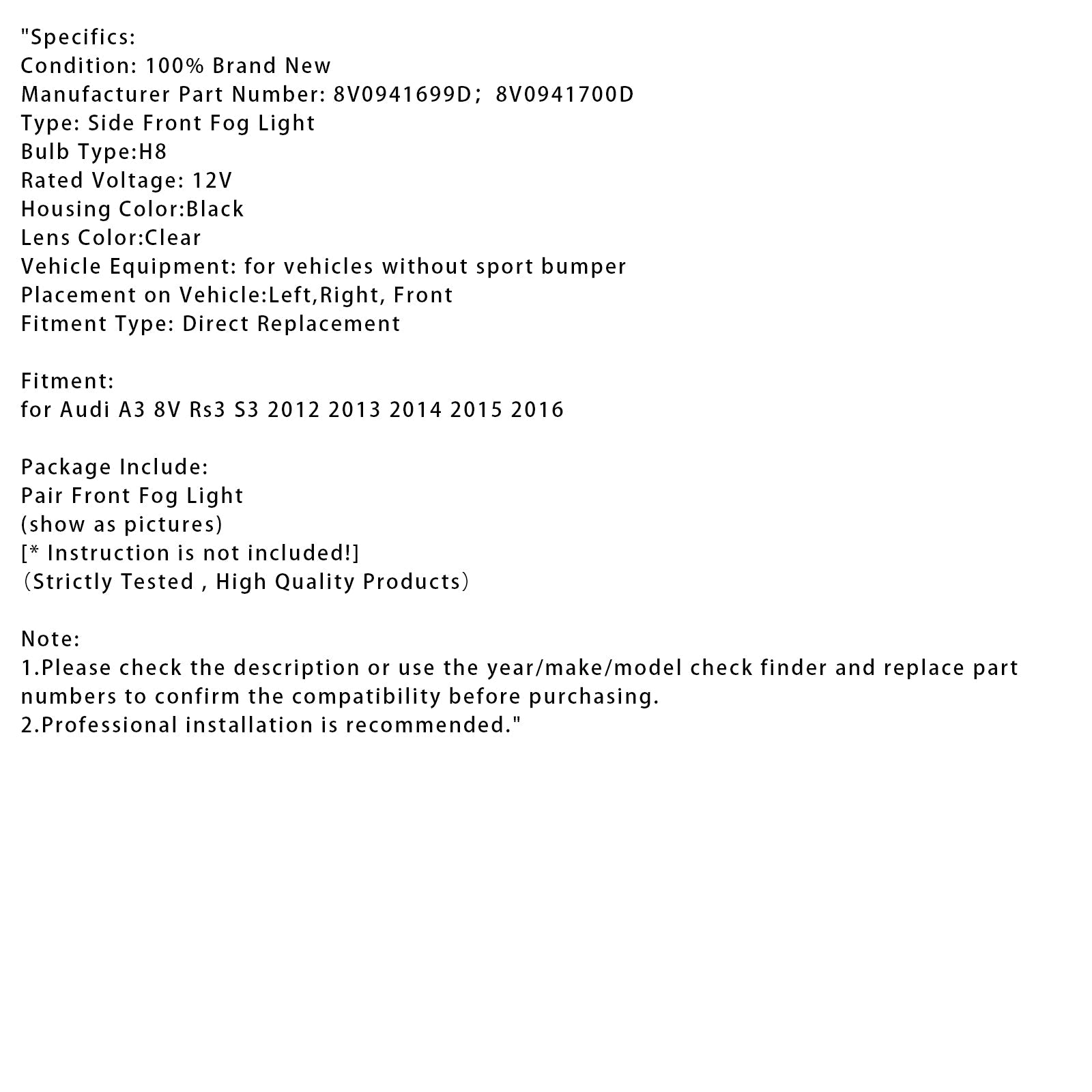 Par de luces antiniebla frontales con bombillas para Audi A3 8V RS3 S3 2012-2016