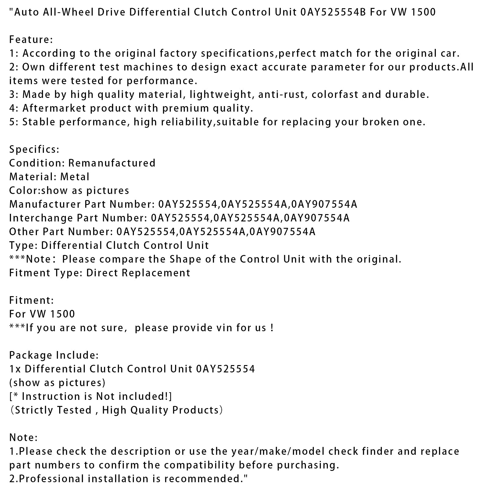 Jednostka sterująca d' Sprzęgło różnicowe do VW 1500 z automatycznym napędem na wszystkie koła 0AY525554B 0AY525554A