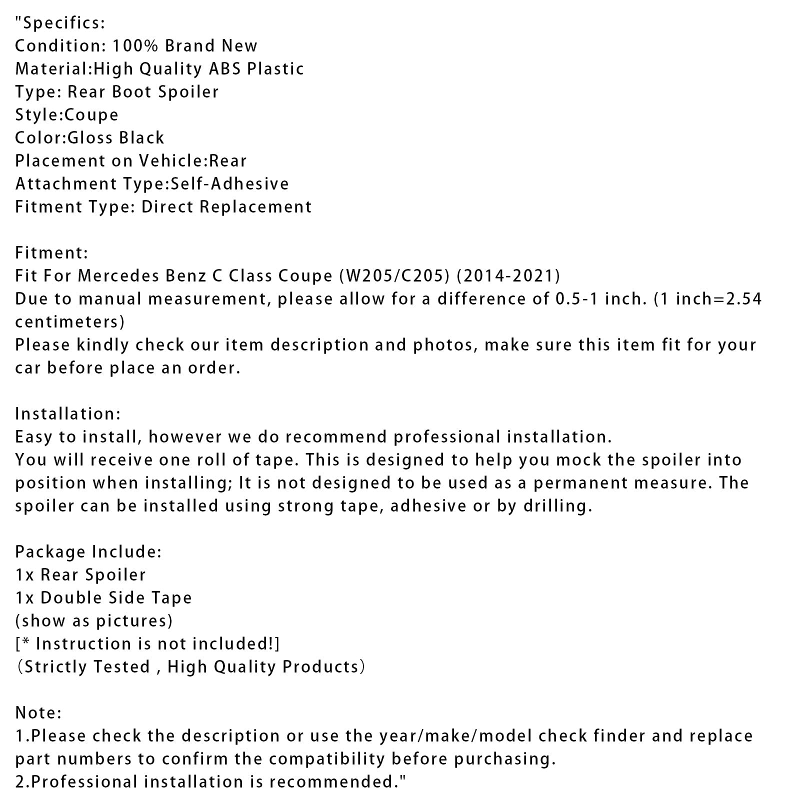 Spoiler posteriore nero lucido per Mercedes-Benz Classe C W205 Coupé 2014-2021