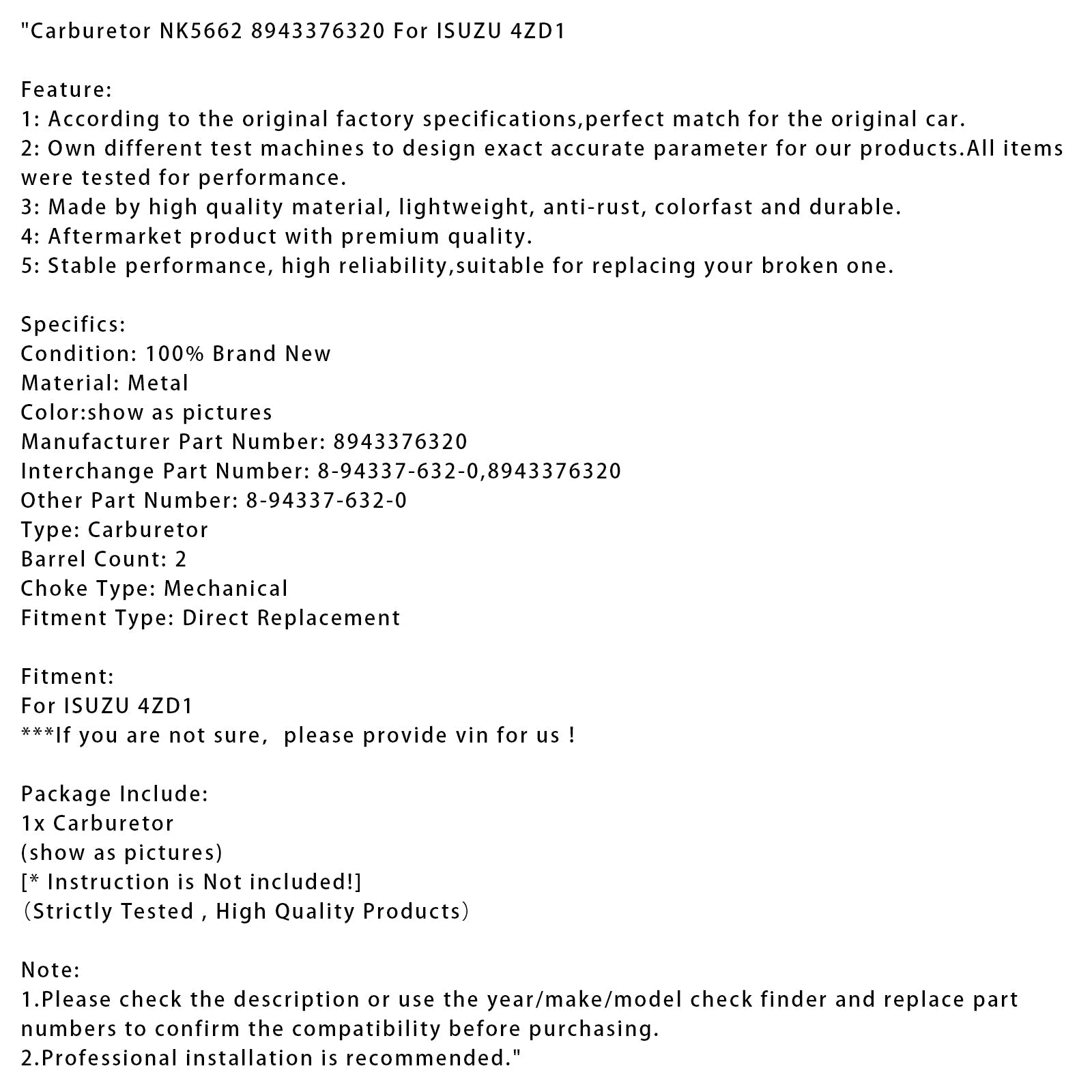 Carburateur ISUZU 4ZD1 NK5662 8943376320 8-94337-632-0