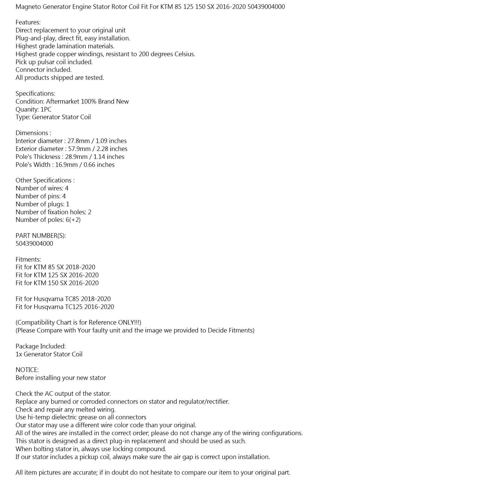 Dynamo Stator voor Husqvarna TC85 TC125 2018-2020 50439004000