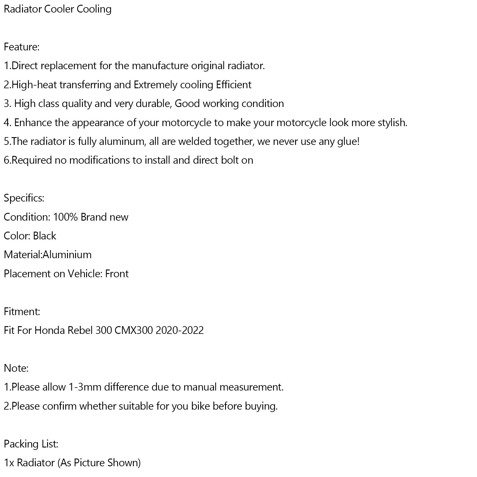 Radiatore motore in alluminio Honda Rebel 300 CMX300 2020-2022