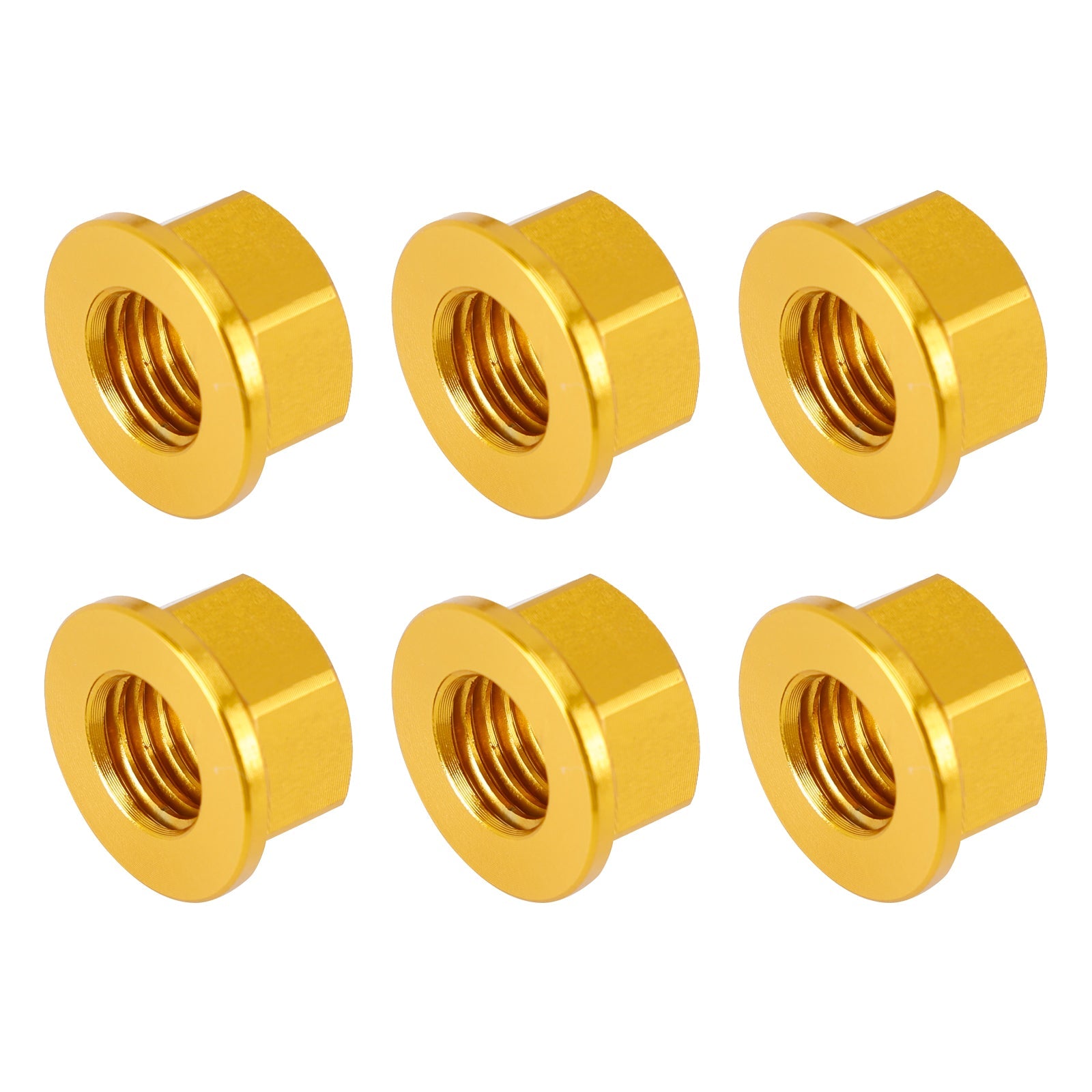 6 stuks M10 x 1,5 mm aluminium achtertandwielflensmoeren, goudkleur, voor motorfiets.