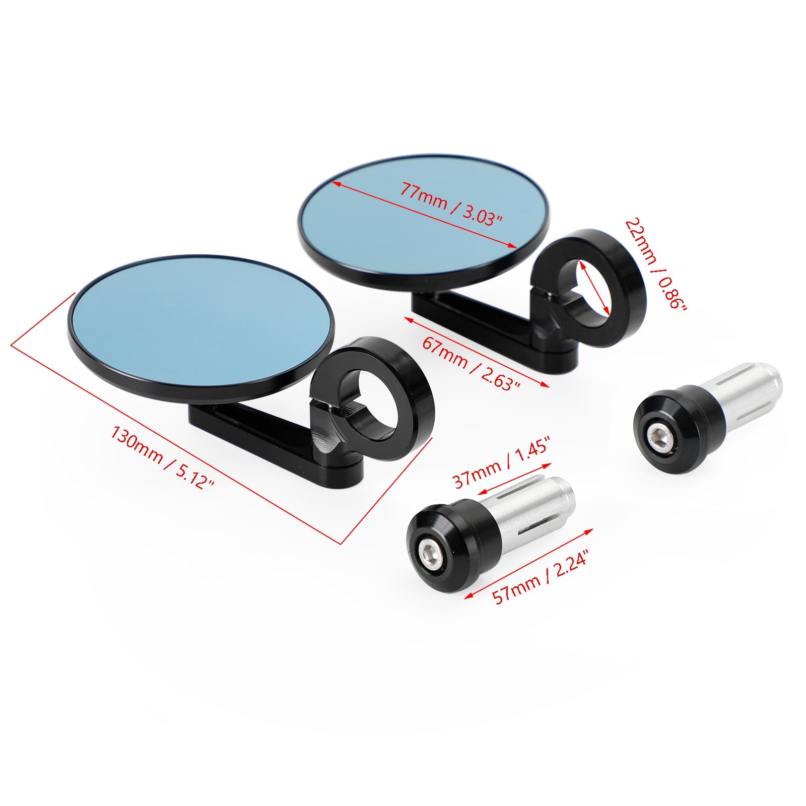 Rétroviseur court noir embout de guidon 22 et 25 mm aluminium pour motos - NEUF