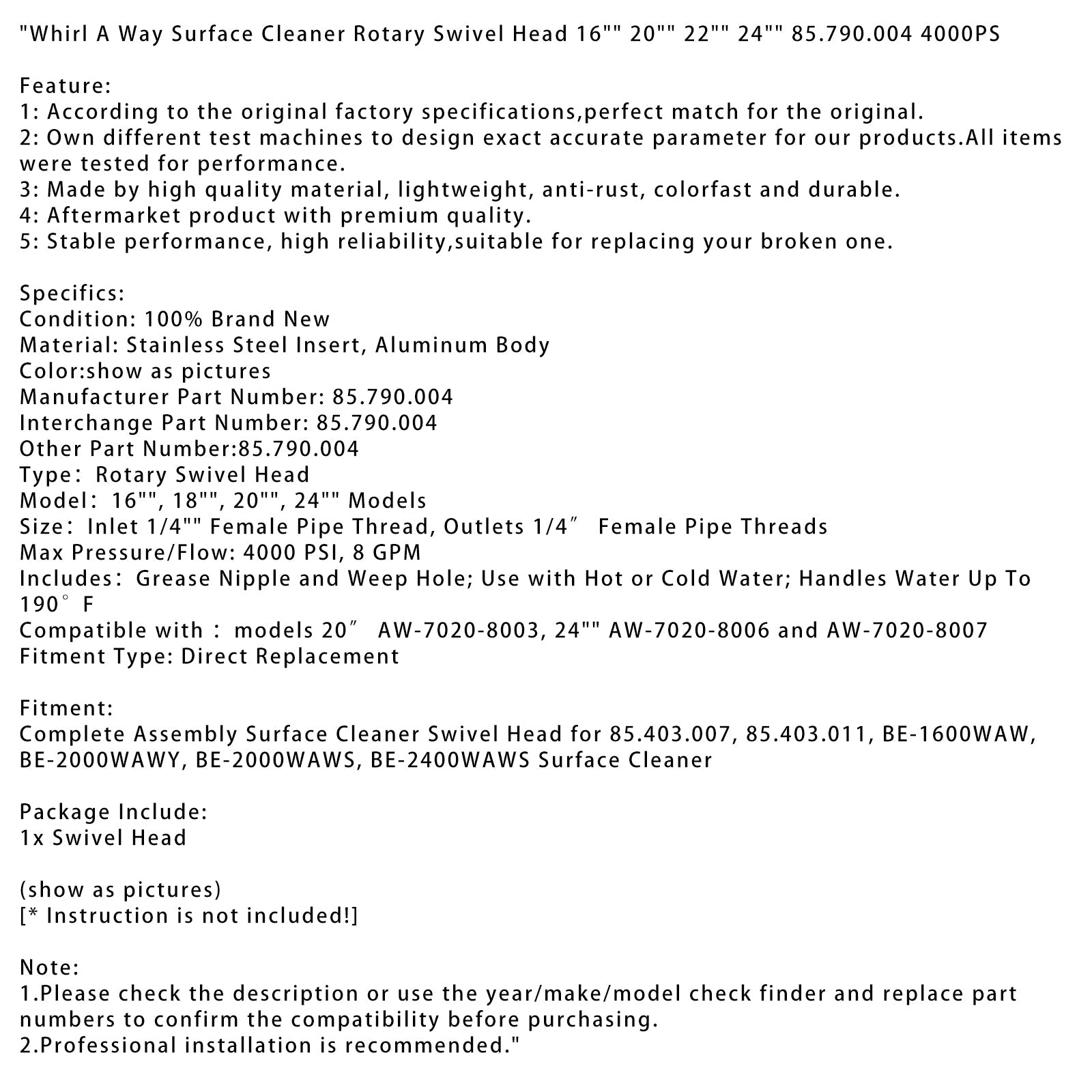 Środek do czyszczenia powierzchni Whirl A Way z obrotową głowicą obrotową 16" 20" 22" 24" 85.790.004 4000PS