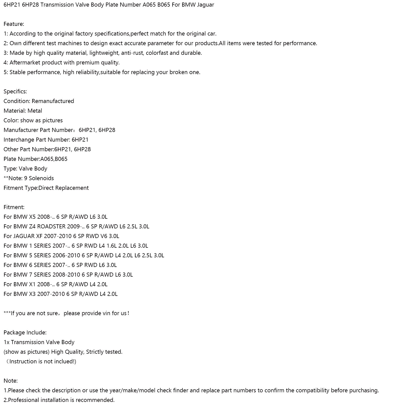 Corps de valve de transmission - Compatible BMW Série 5, 1, 6, 7, X1, X3, X5, Z4 - Modèles 2006-2010 - 6HP21 / 6HP28 - A065 / B065 - 9 Électrovannes - Re-fabriqué