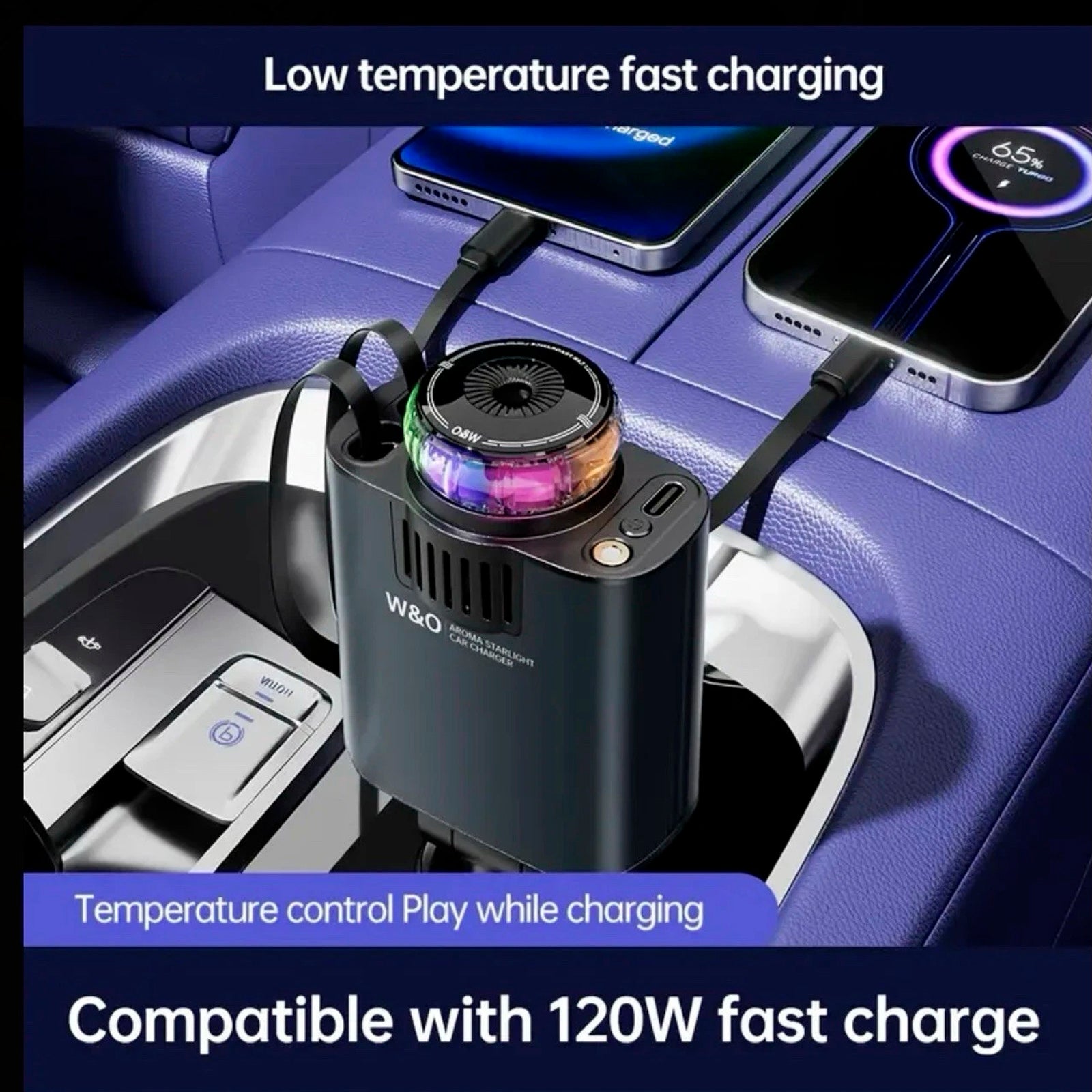 Chargeur de voiture ultra-rapide 120 W avec câble rétractable et diffuseur de parfum intelligent