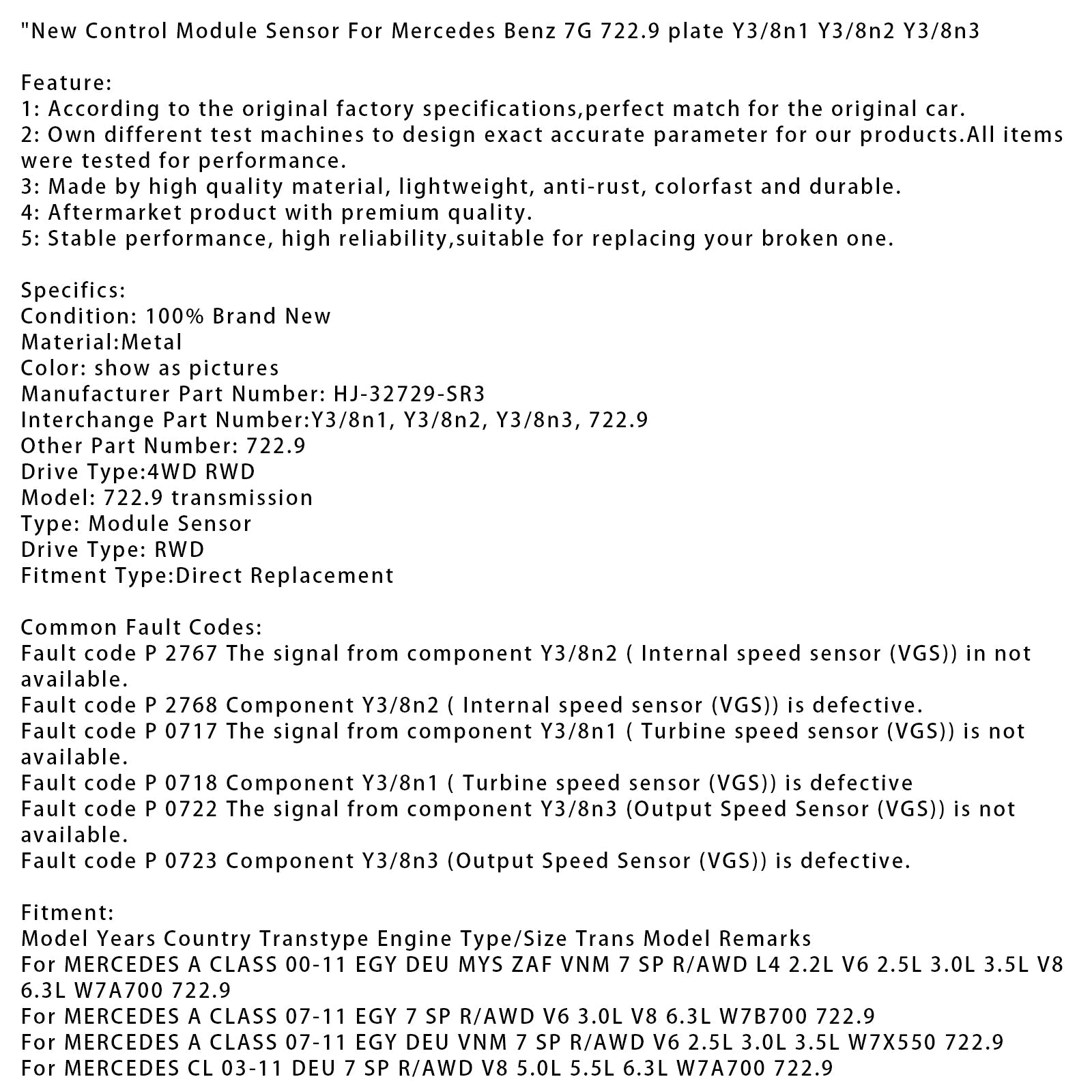 Nuovo Modulo di Controllo Sensore Per Mercedes Benz 7G 722.9 Piastra Y3/8n1 Y3/8n2 Y3/8n3