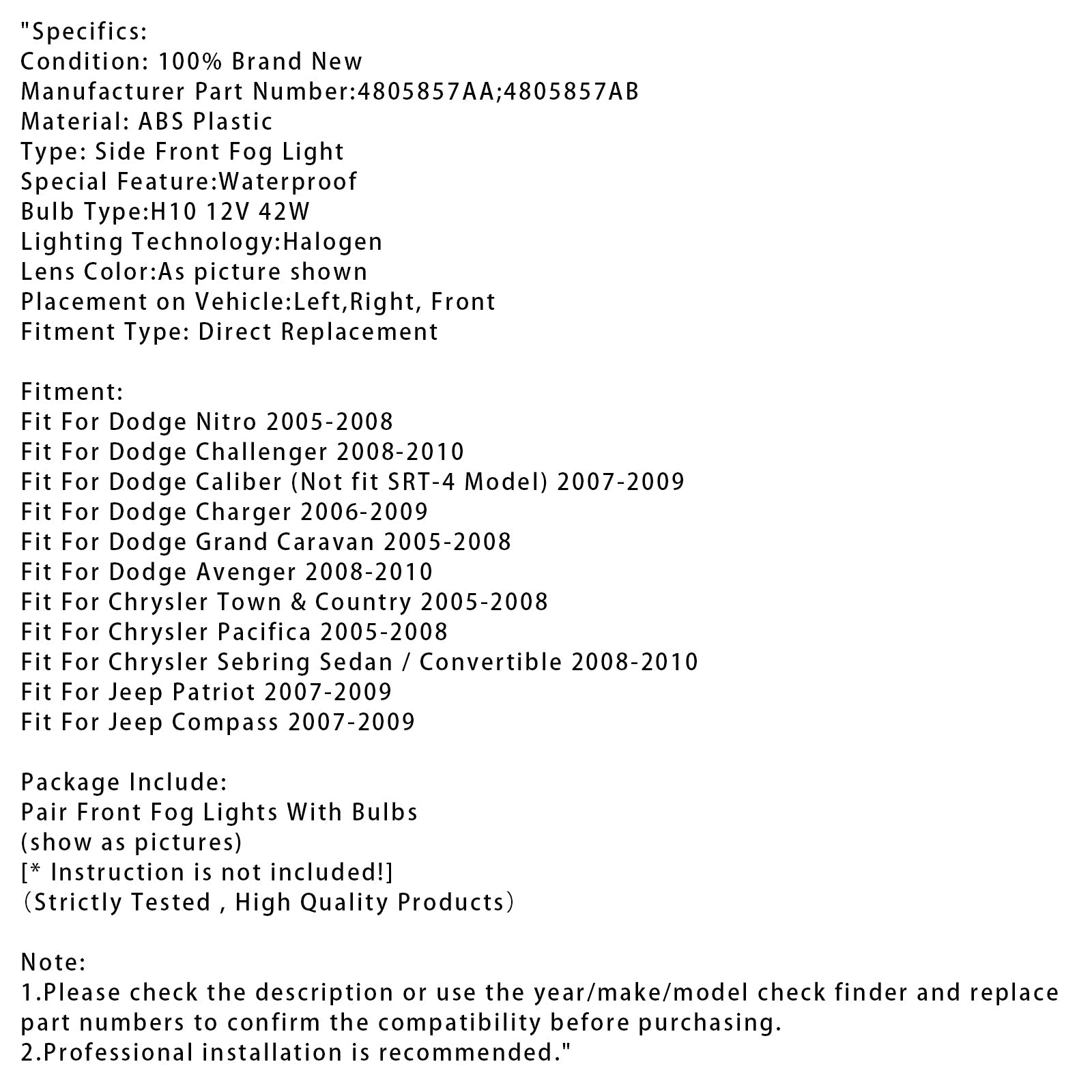 Par de luces antiniebla para Dodge Chrysler Calibre Jeep Compass 4805857AA