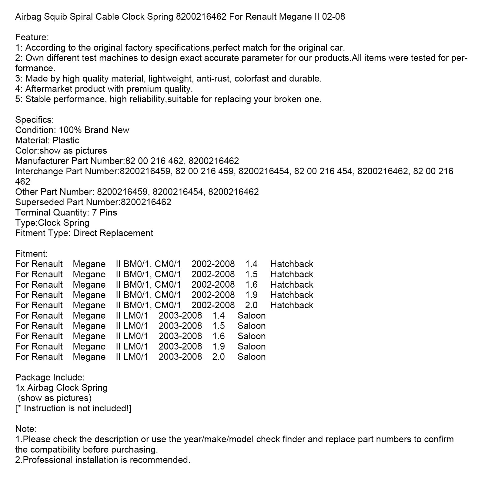 Muelle De Reloj De Seguridad Airbags 8200216462 Para Renault Megane II 02-08