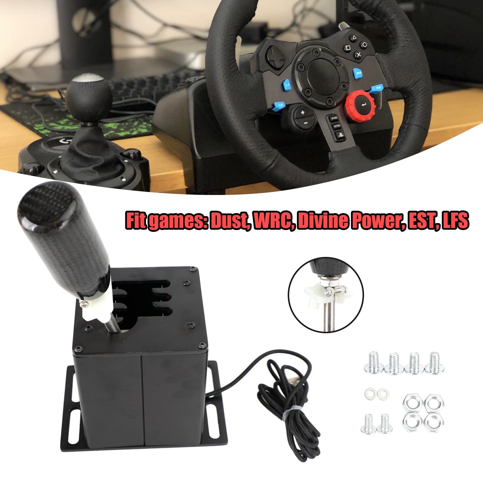 6+R USB Simulator Shifter H Gear shifter pour Logitech G29 G920 Volant PC Noir