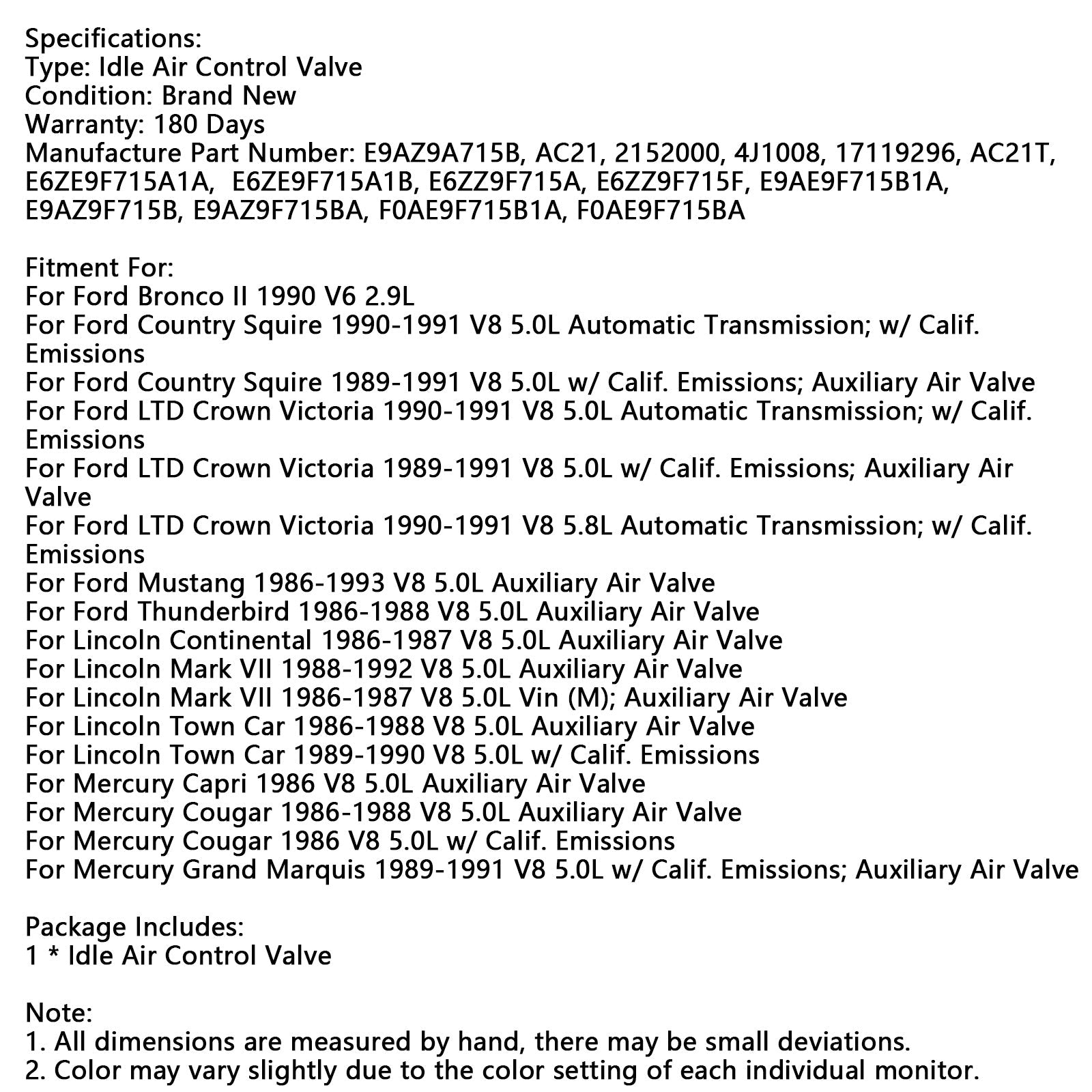 valvola di regolazione'aria al minimo E9AZ9A715B per Ford Mustang 1986-1993 V8 5.0L