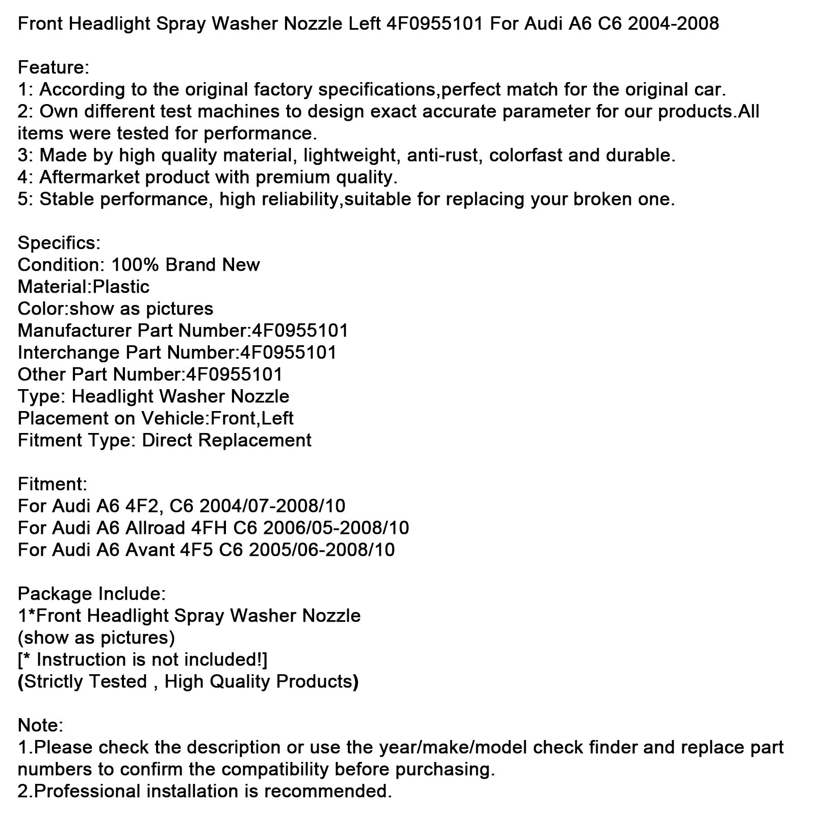 Buse de lave-phare avant gauche 4F0955101 pour Audi A6 C6 2004-2008