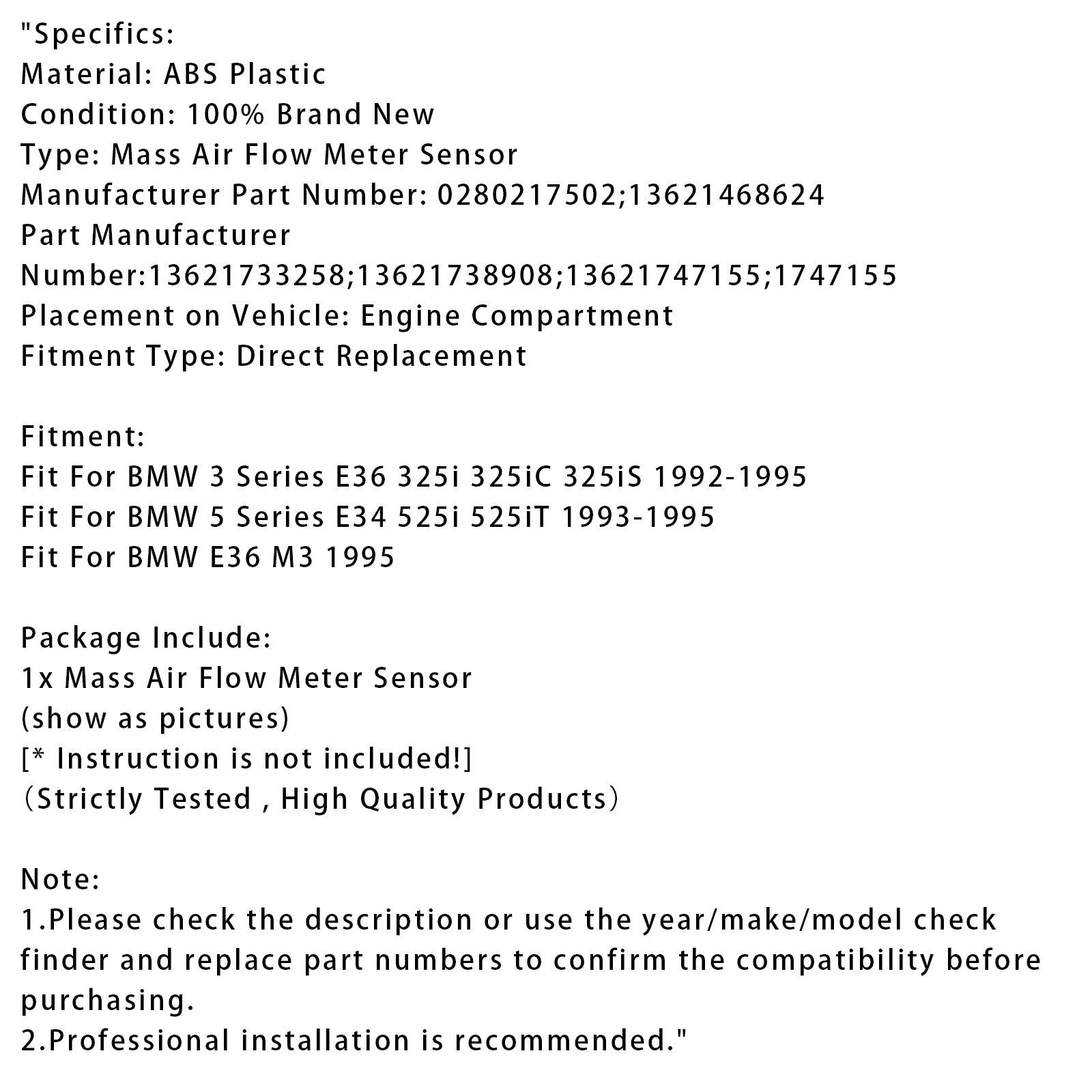 Sensore del misuratore di portata d'massa d'aria per BMW E34 525i E36 325i M3 0280217502