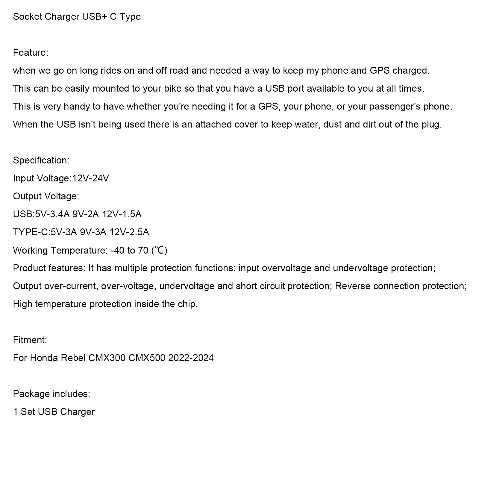 2022-2024 Honda Rebel CMX300 CMX500 Ładowarka 12V USB+C Typ Szybka