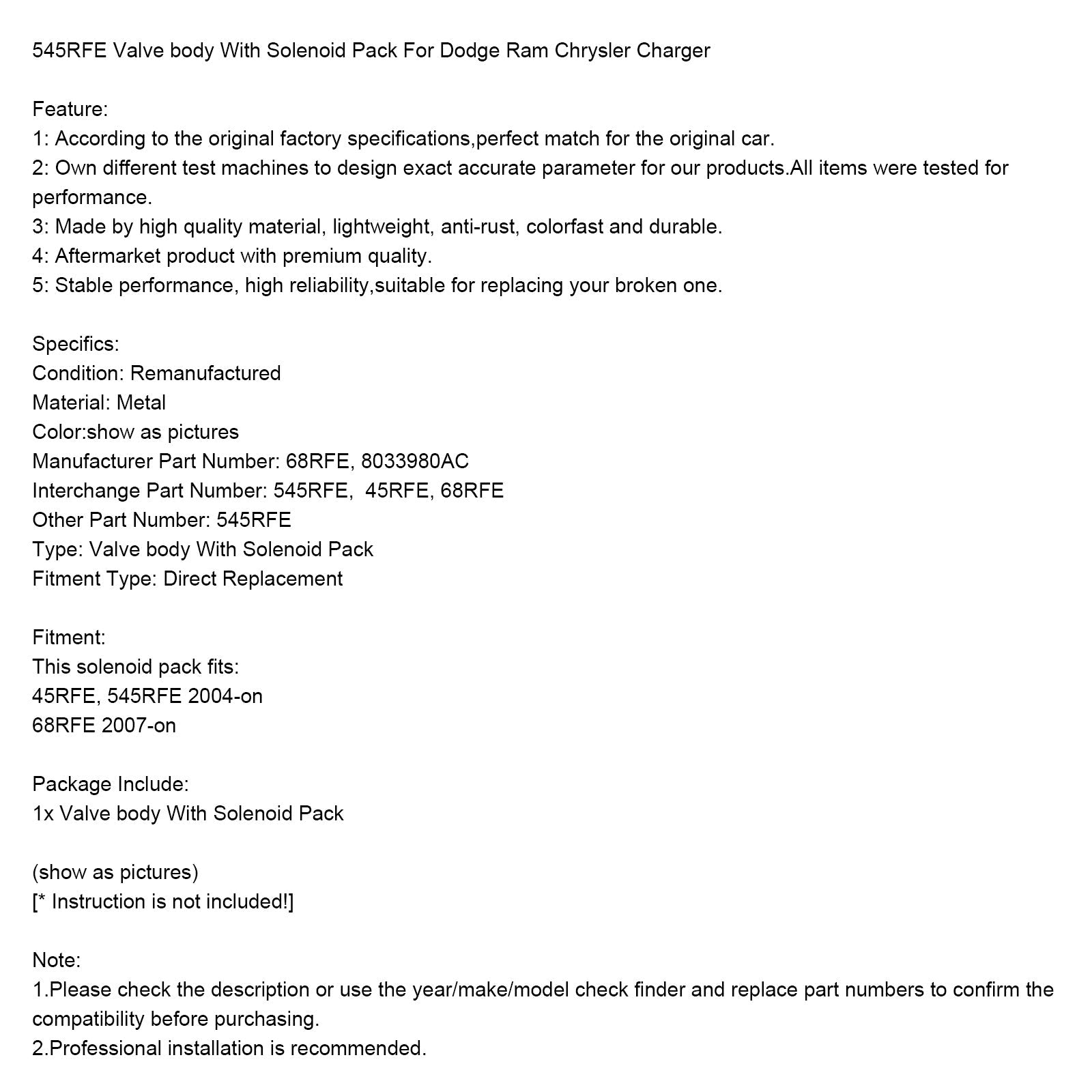 Korpus zaworu ładowarki Dodge Ram Chrysler z 2004 r. i późniejszych z pakietem elektromagnetycznym 545RFE