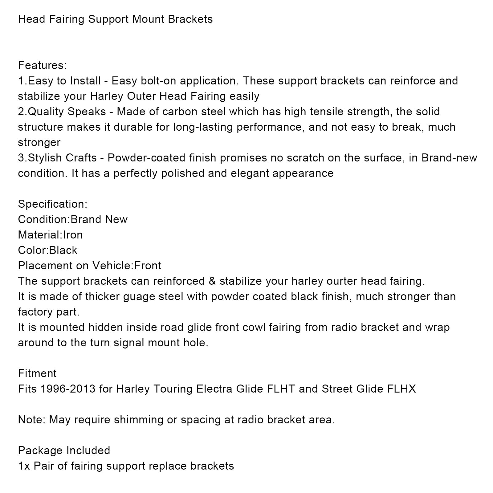 Supports de montage de carénage de tête pour Harley Touring Electra Glide FLHT et Street Glide FLHX 1996-2013