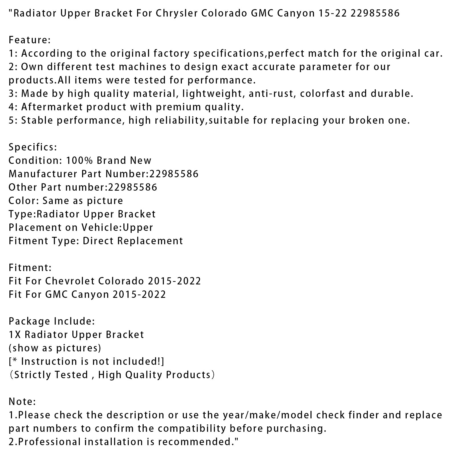 Jäähdyttimen ylempi tuki Chrysler Coloradolle ja GMC Canyonille (2015-2022) - Osanumero : 22985586