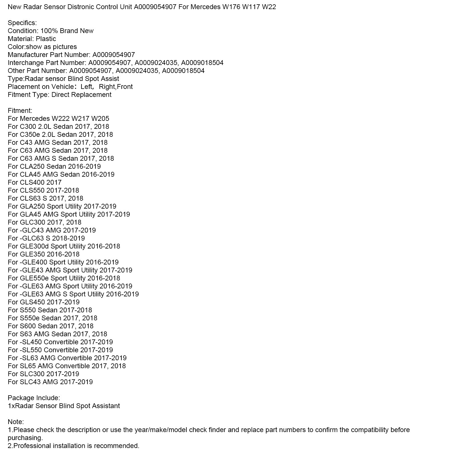 Achteruitrijradarsensor voor Mercedes W222, W217, W205, S550, sedan (2017-2018), Distronic-regeleenheid A0009054907