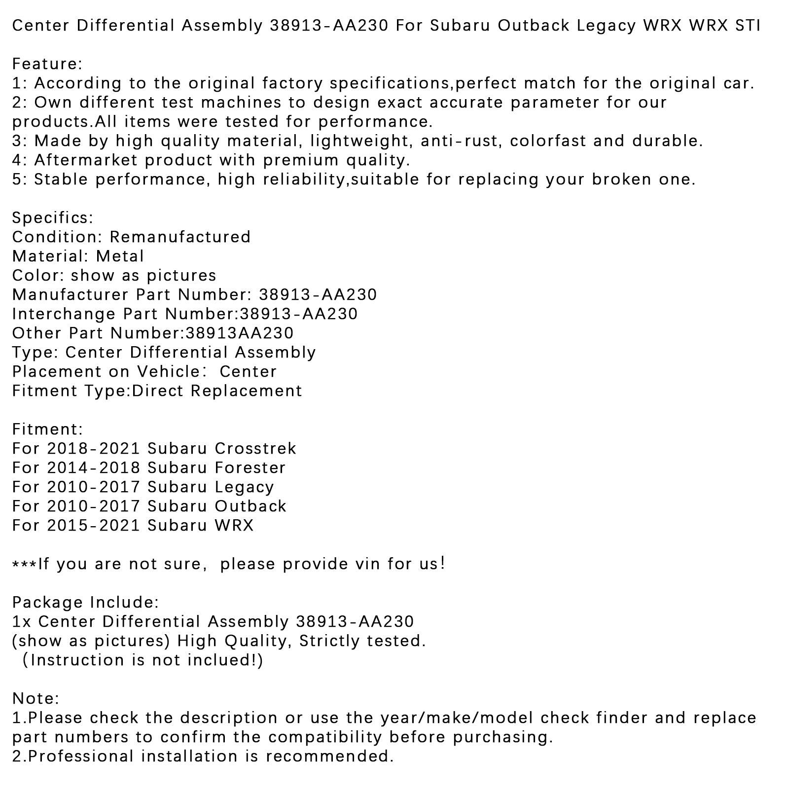 Ensemble de Différentiel Central Subaru 38913AA230 - Remplacement Direct 2010-2021