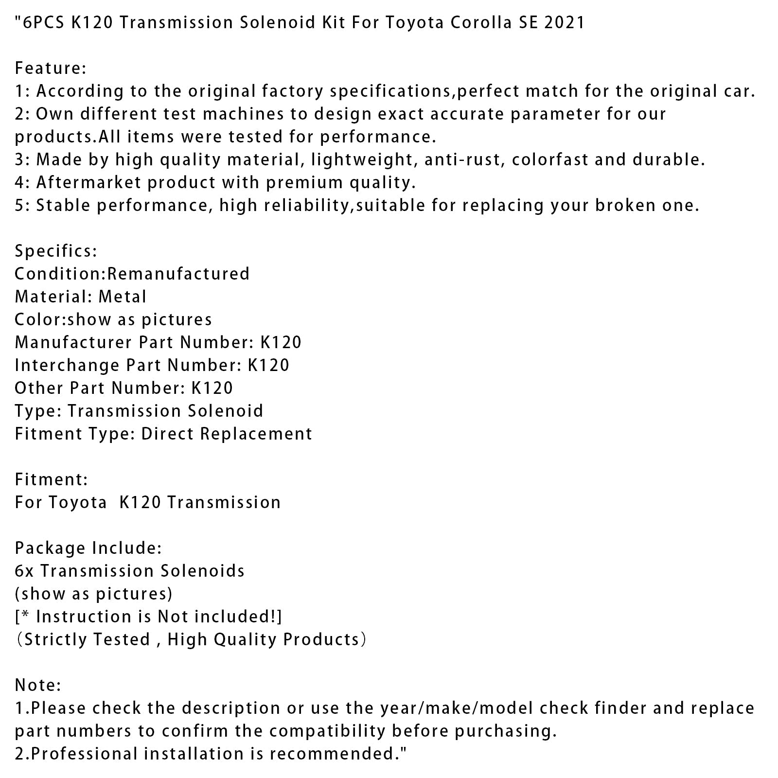 Kit solenoidi di trasmissione K120 da 6 pezzi per Toyota Corolla SE 2021