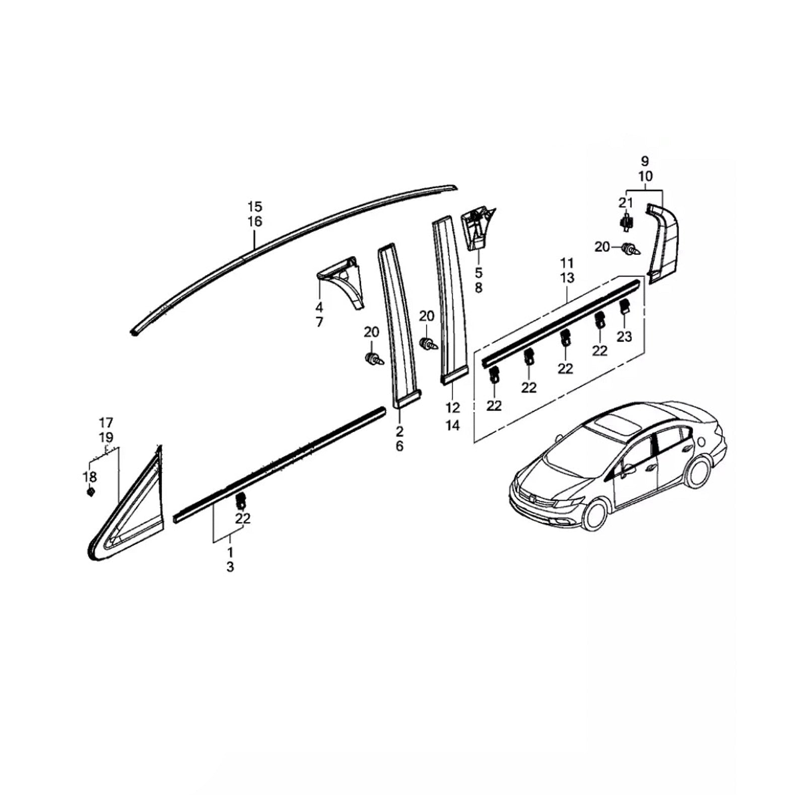 Honda Civic 4 Doors 2012-2015, 2 kappaleen vasemmalla ja oikealla puolella vasemmalla ja oikealla puolella