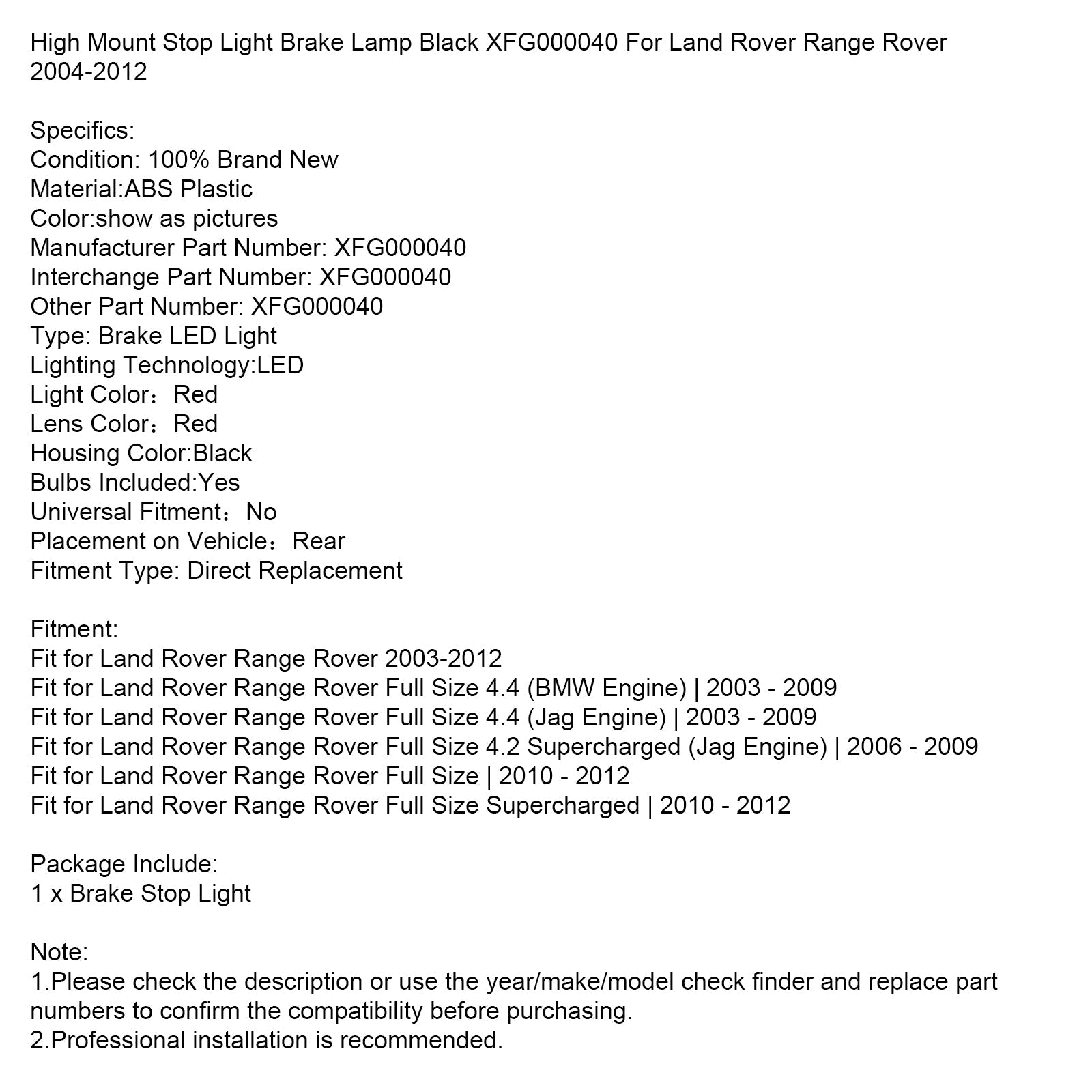 Feu stop surélevé noir XFG000040 pour Land Rover Range Rover