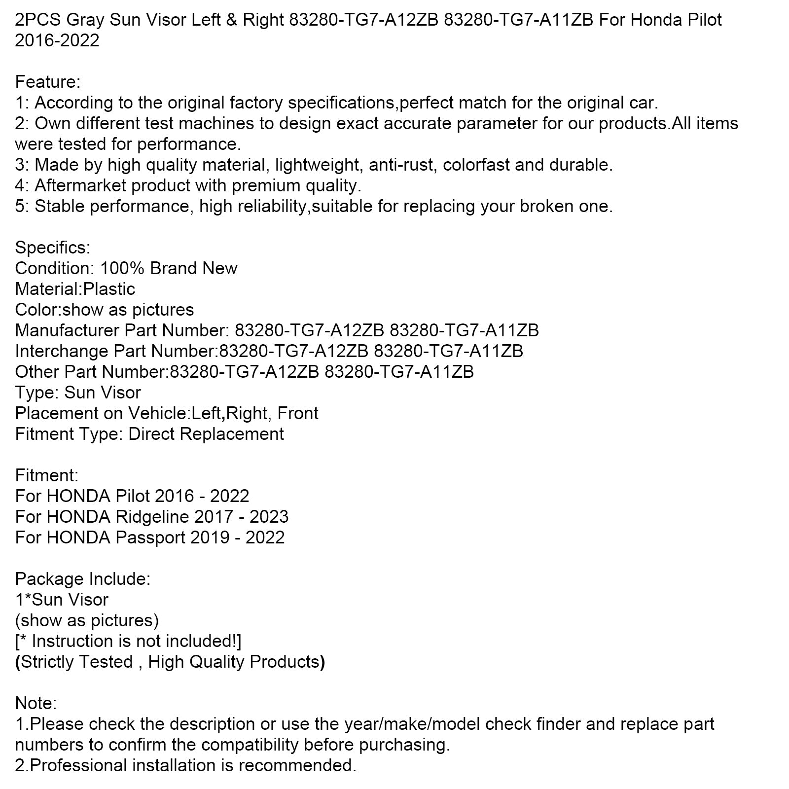 Gray Sun Visor (po lewej i prawej) dla Hondy Pilot 2016-2022 (83280-TG7-A12ZB i 83280-TG7-A11ZB)