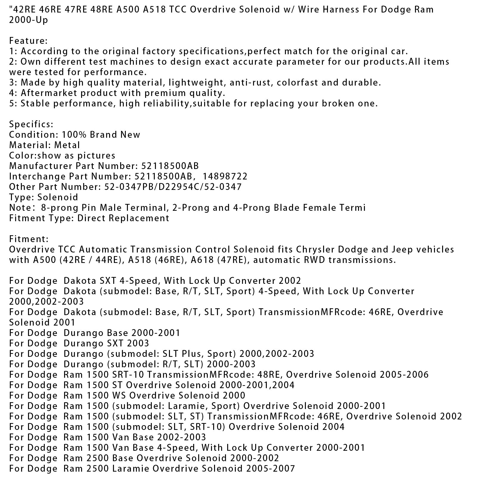 Elektromagnetni ventil TCC Overdrive s kabelskim snopom za Dodge 42RE, 46RE, 47RE, 48RE, A500 in A518