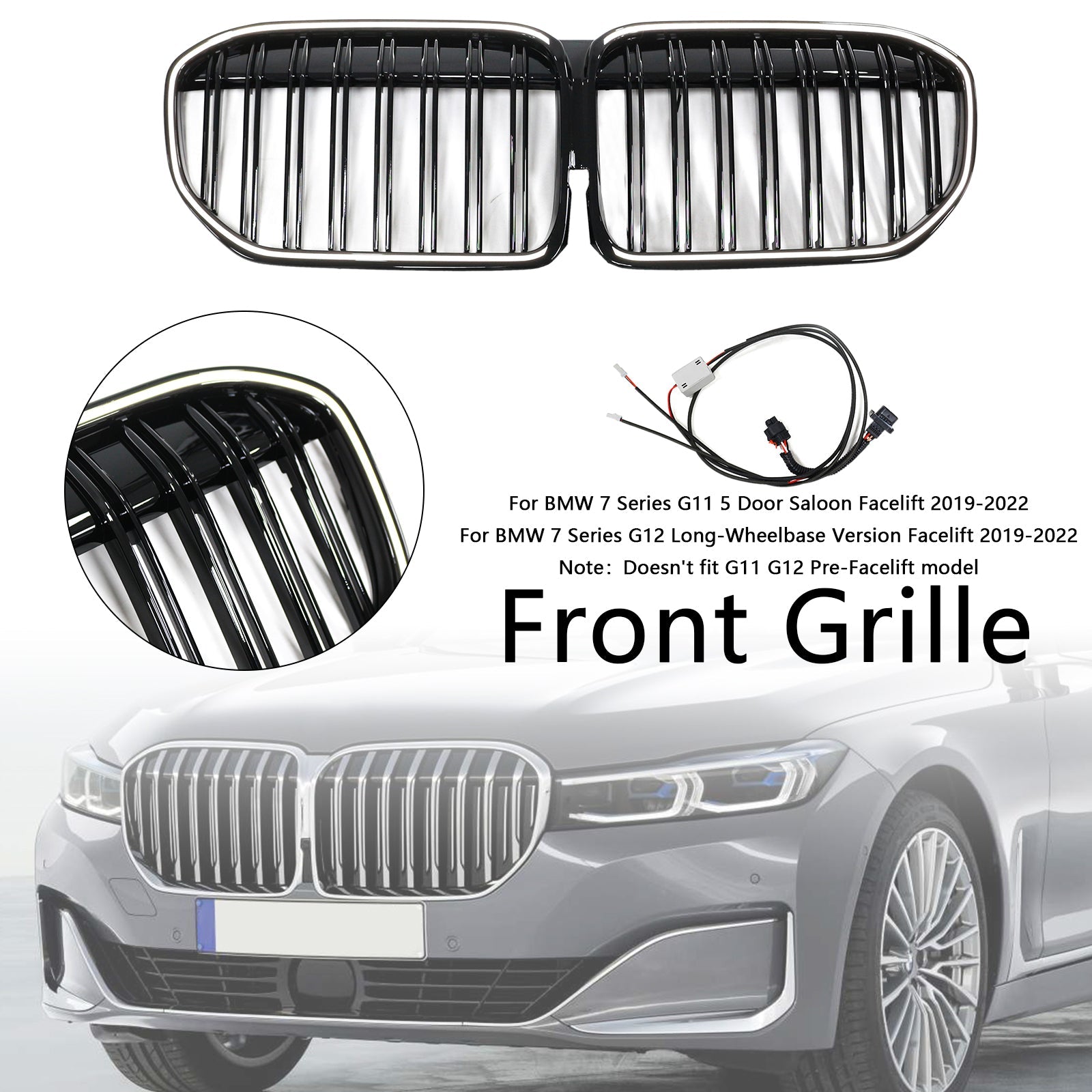 Grille de calandre avant noire brillante à double lamelles pour BMW Série 7 G11 G12 2019-2022