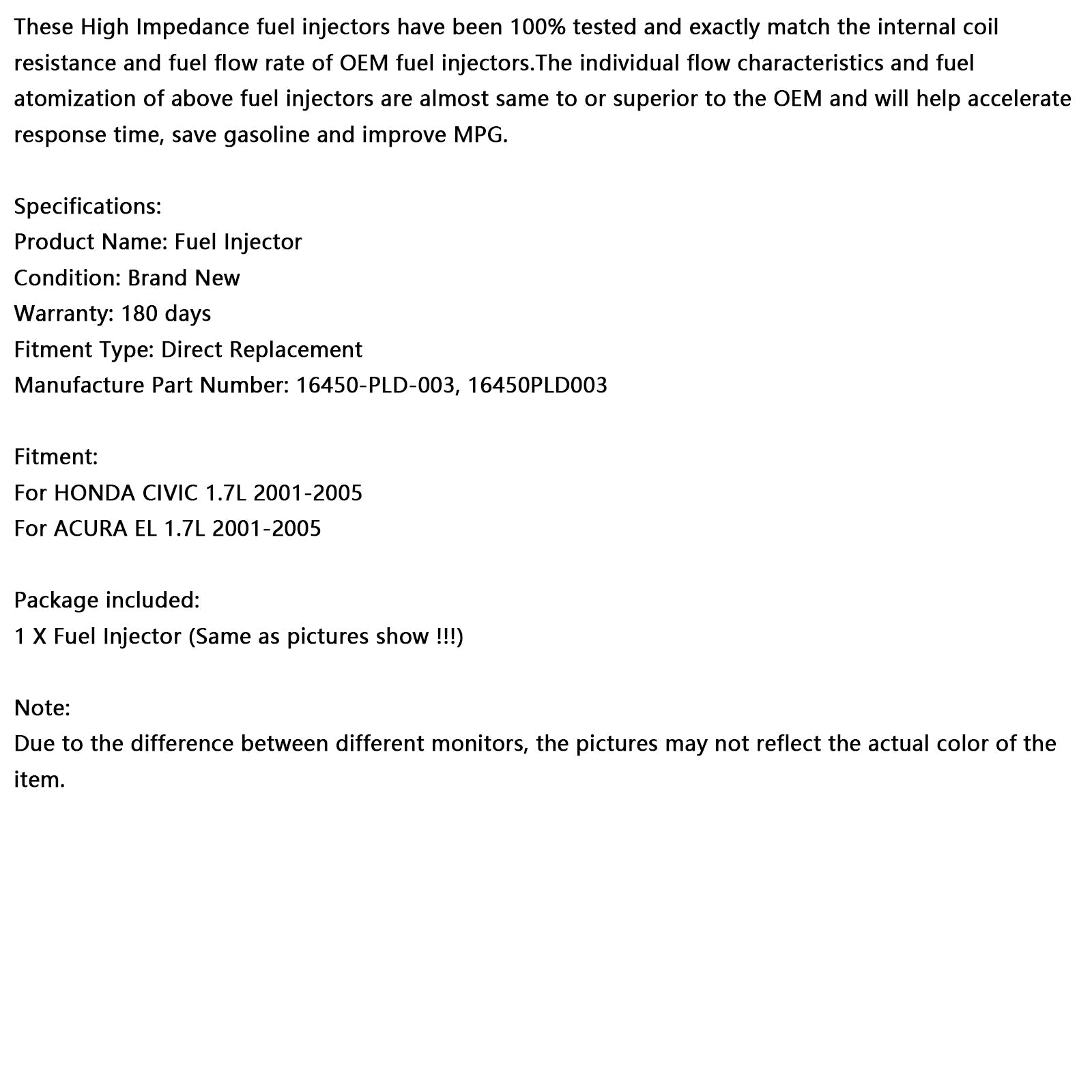 Injecteur de carburant 16450-PLD-003 pour Honda Civic 1,7 L 2001-2005, compatible avec ACURA EL