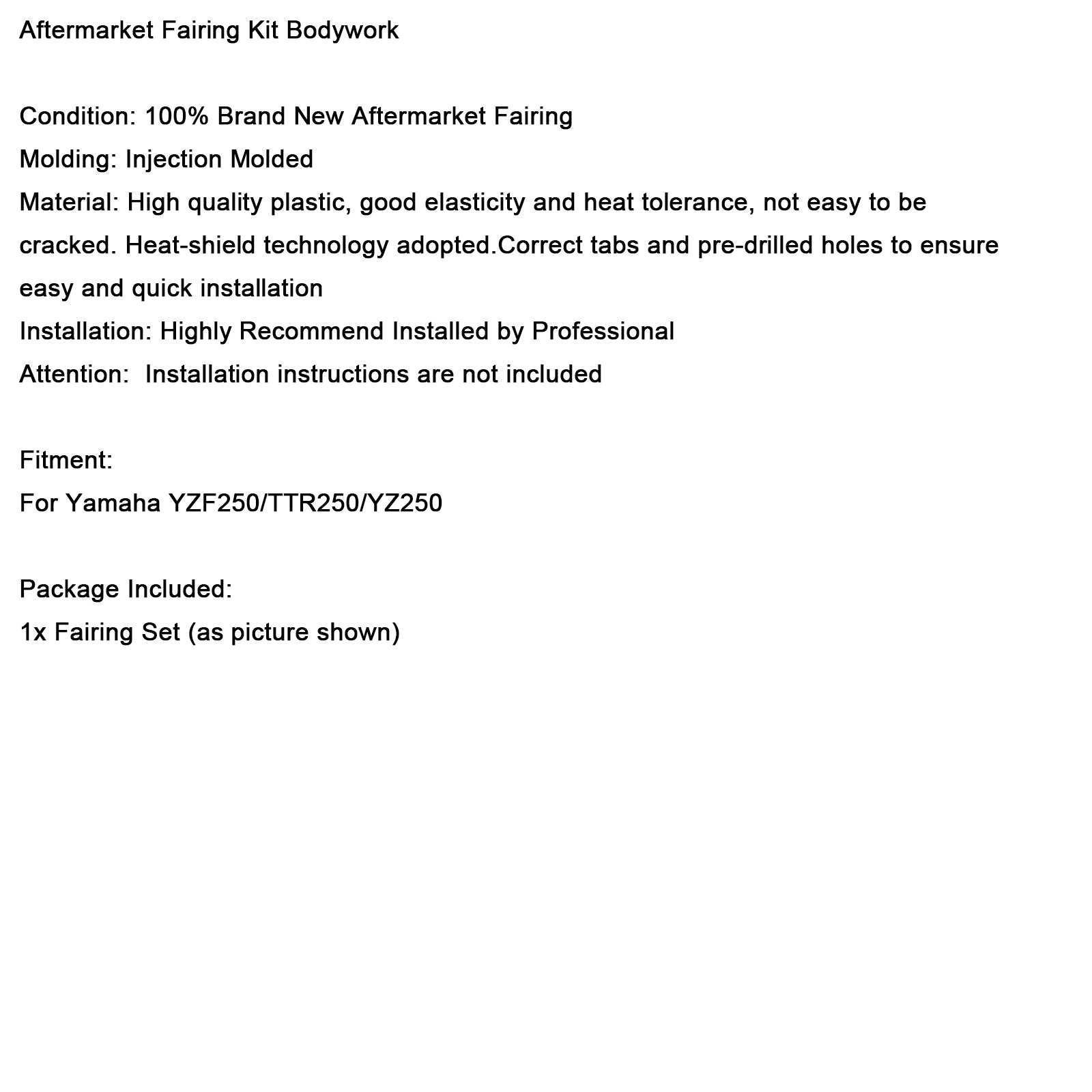 Kit carrosserie plastique pour carénage de garde-boue avant et arrière pour Yamaha YZF250 TTR250 YZ250