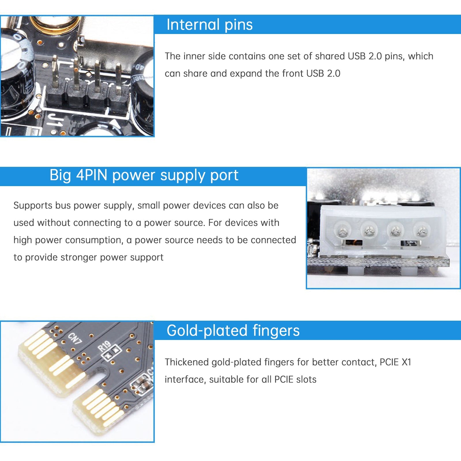 Carte d'extension HUB 2.0 PCIE vers USB 2.0, adaptateur Moschip, alimentation 4 broches