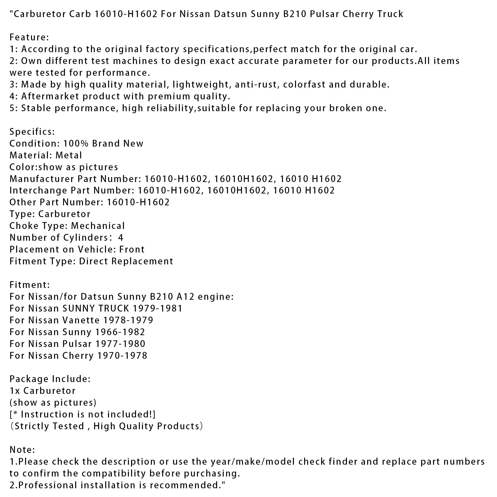 Carburatore Nissan Pulsar 1977-1980 16010-H1602