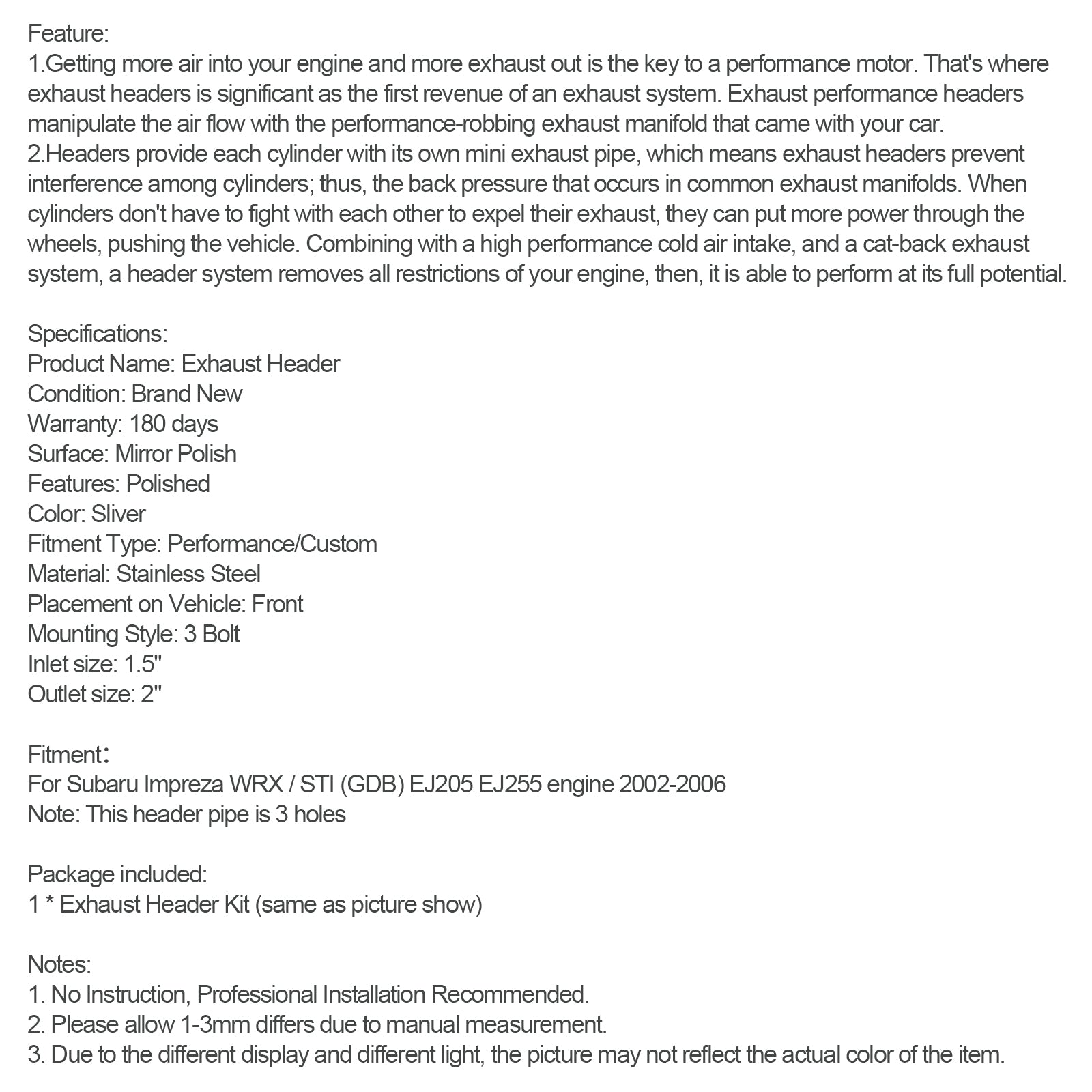 Subaru Impreza 2002-2006 WRX/STI GDB GG EJ20/EJ25 Collettore di scarico in acciaio inossidabile