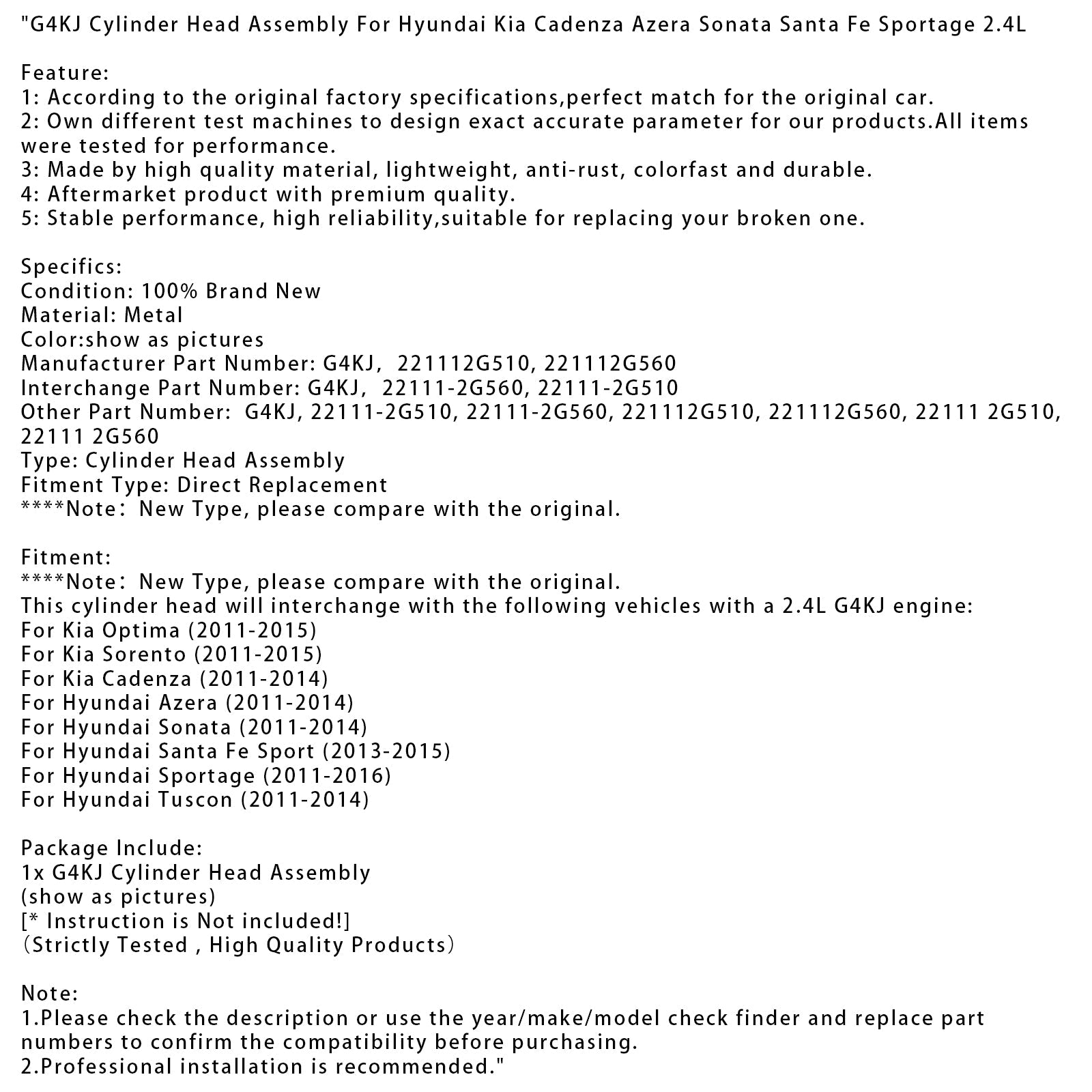 Culasse pour Hyundai Santa Fe Sport G4KJ (2013-2015) - Références : 221112G510 et 221112G560