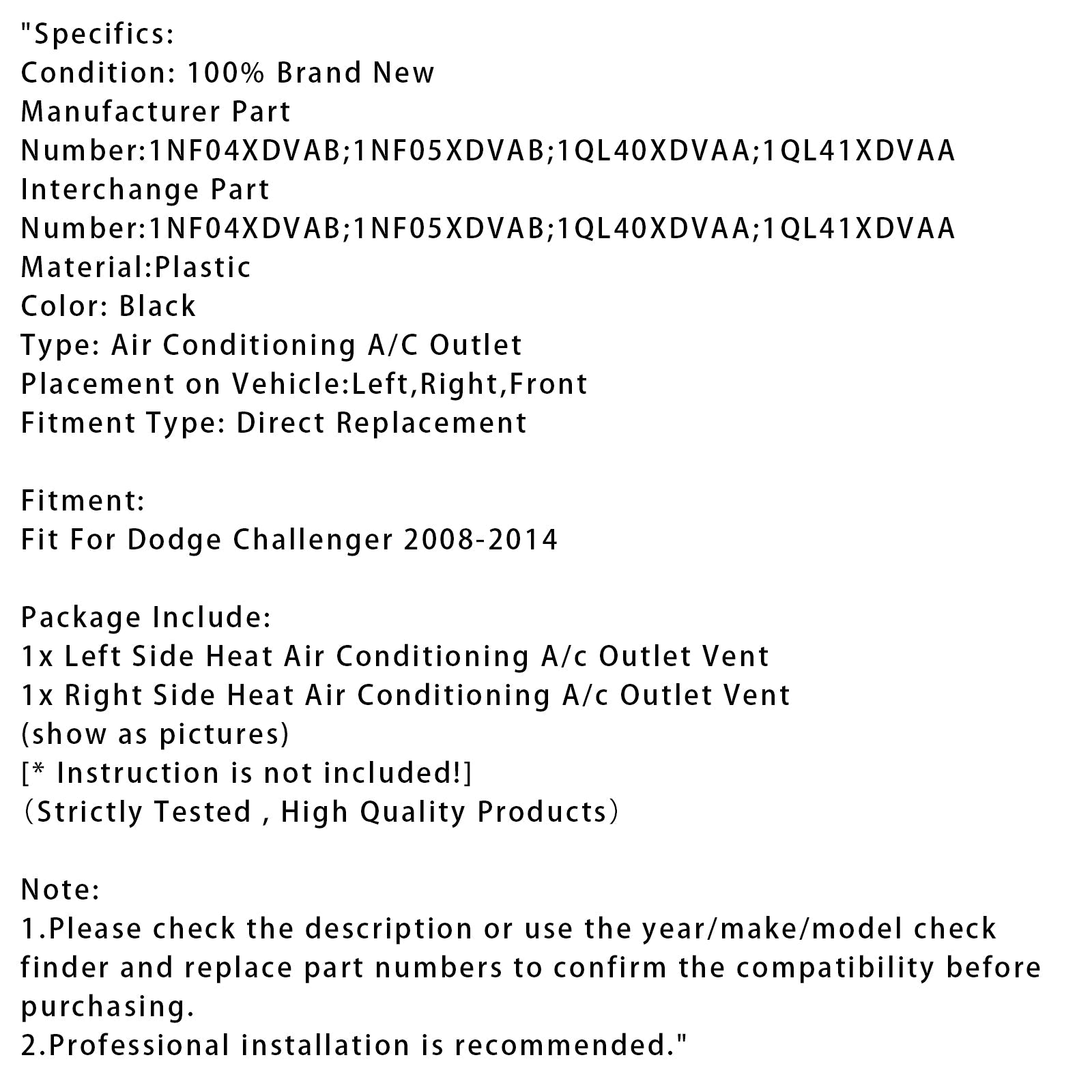 Griglia di&Bocchetta dell'aria sinistra e destra del cruscotto per Dodge Challenger 2008-2014 1QL41XDVAA 1QL40XDVAA